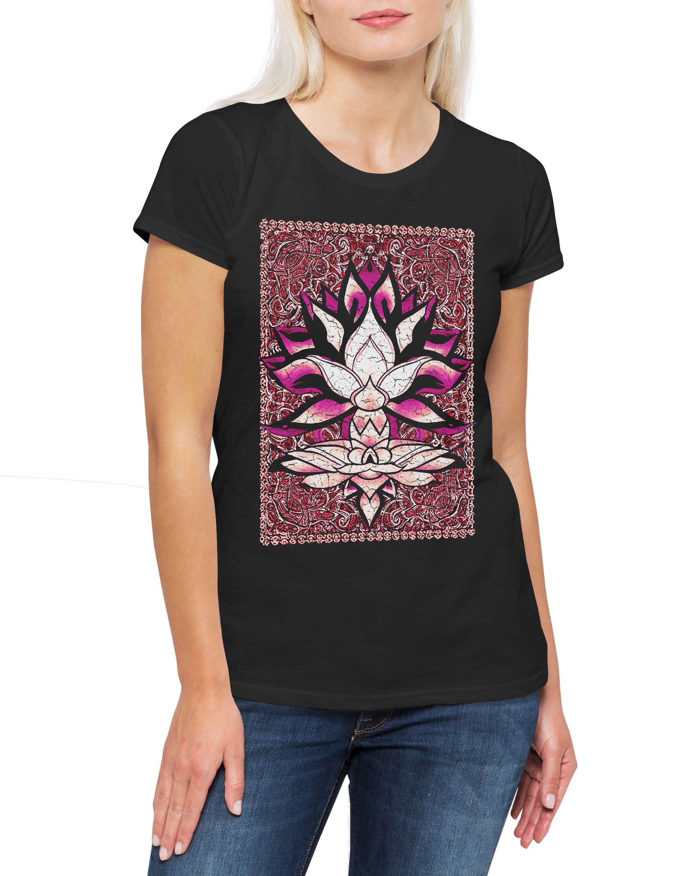 Print-Shirt Lotus And Ornaments Damen T-Shirt Chakra Yoga Meditation OM Buddhismus