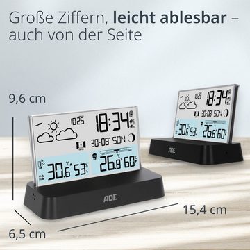 ADE Digitale Wetterstation Funk mit Außensensor Funkwetterstation (mit Vorhersage, Funkwecker, Beleuchtung, auffällige rahmenlose Optik)