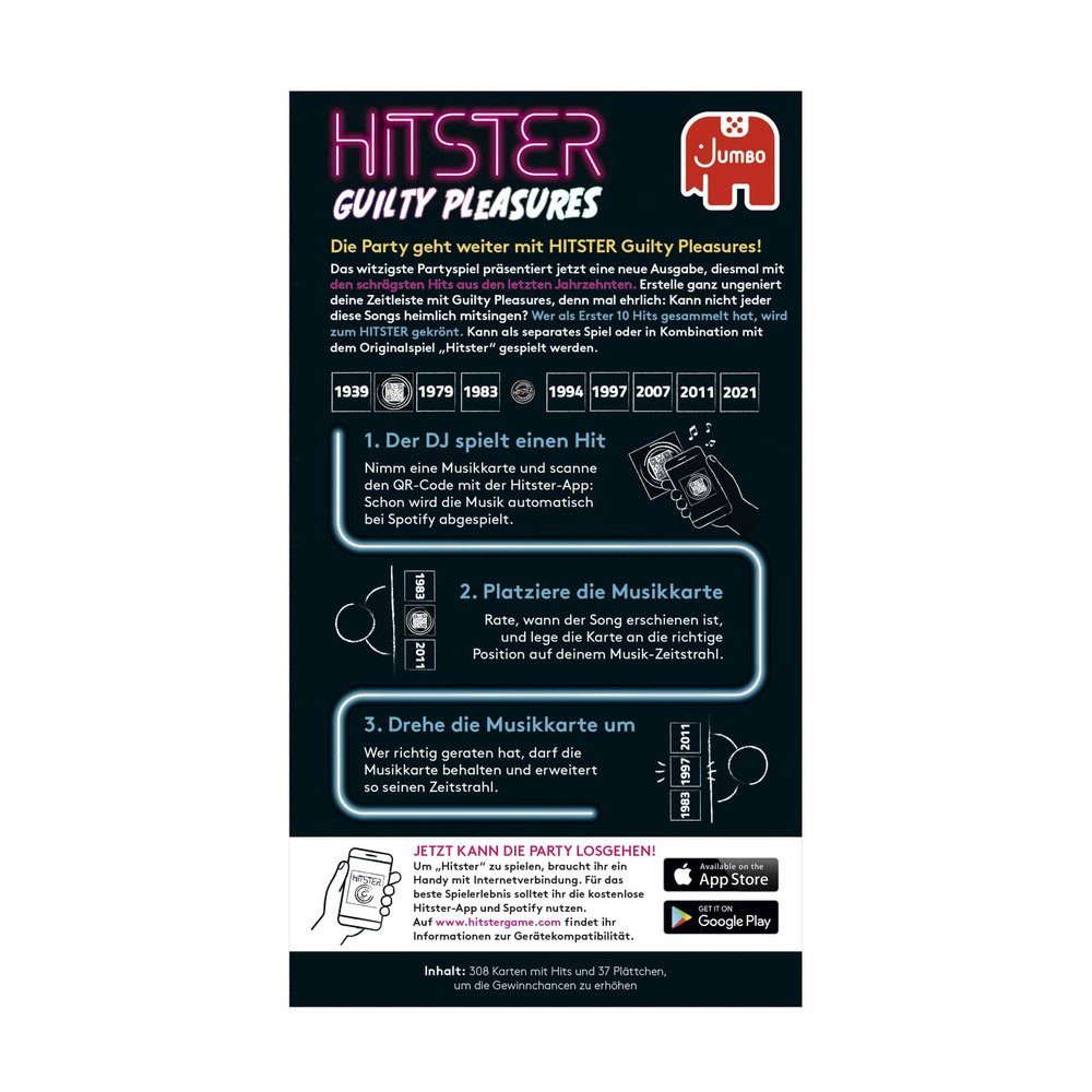 Jumbo Spiele Spielesammlung Hitster Das Musik-Partyspiel, 100 Jahre Hits Guilty Pleasure/ Schlager Party/ Summer Party/ Rock