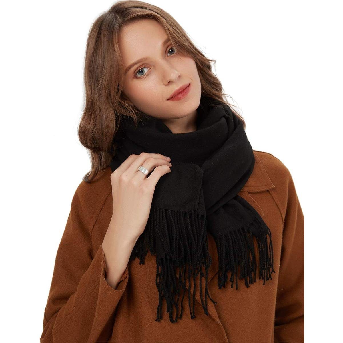 Jormftte Halstuch Schal Warm Herbst Winter unifarben Baumwolle mit quasten,Einfarbig Schwarz