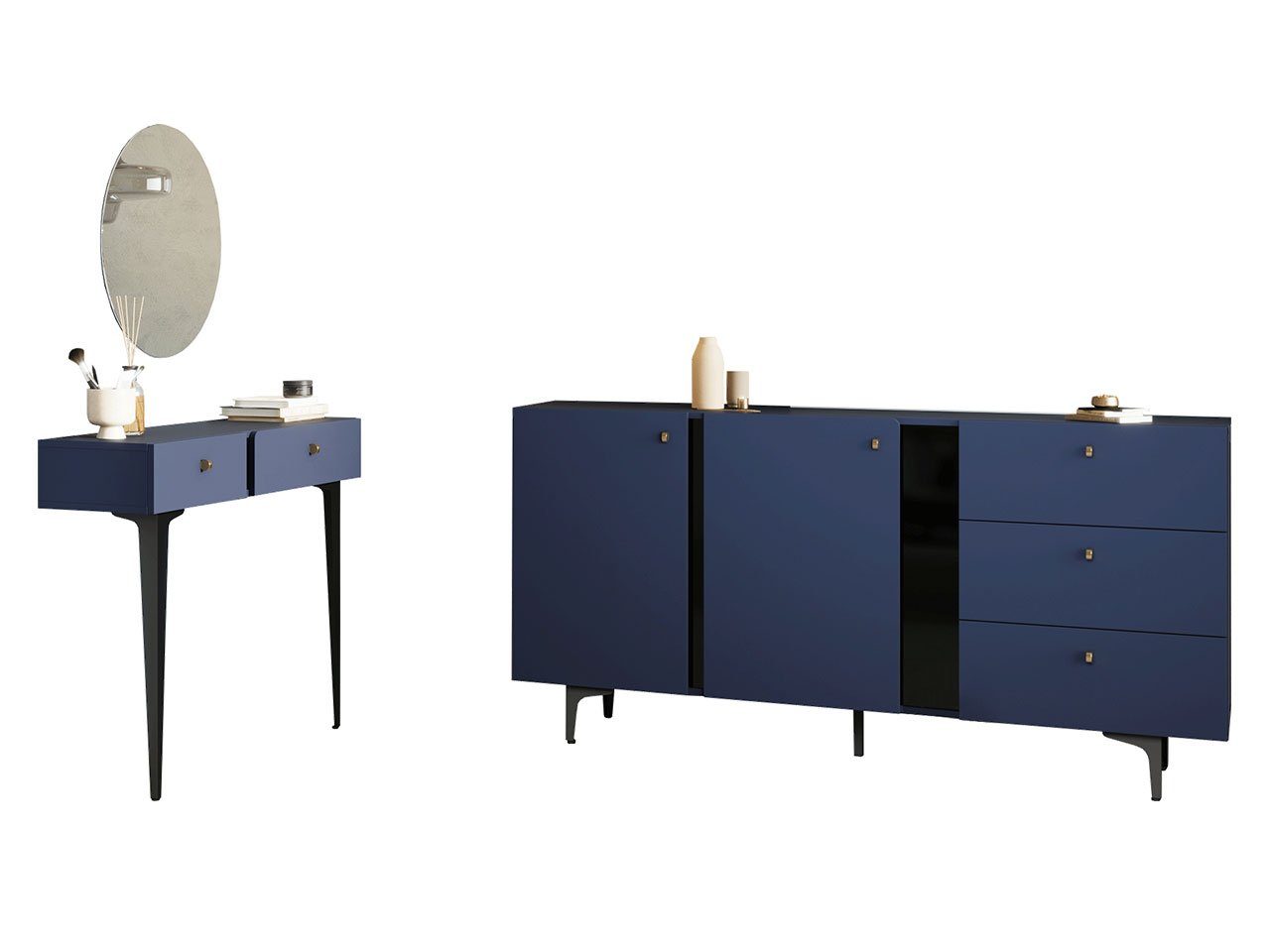 MIRJAN24 Wohnzimmer-Set Colours V, Griffe Konsolentisch, Spiegel), Kombikommode, und Metall Marineblau (Komplett-Set, aus Füße