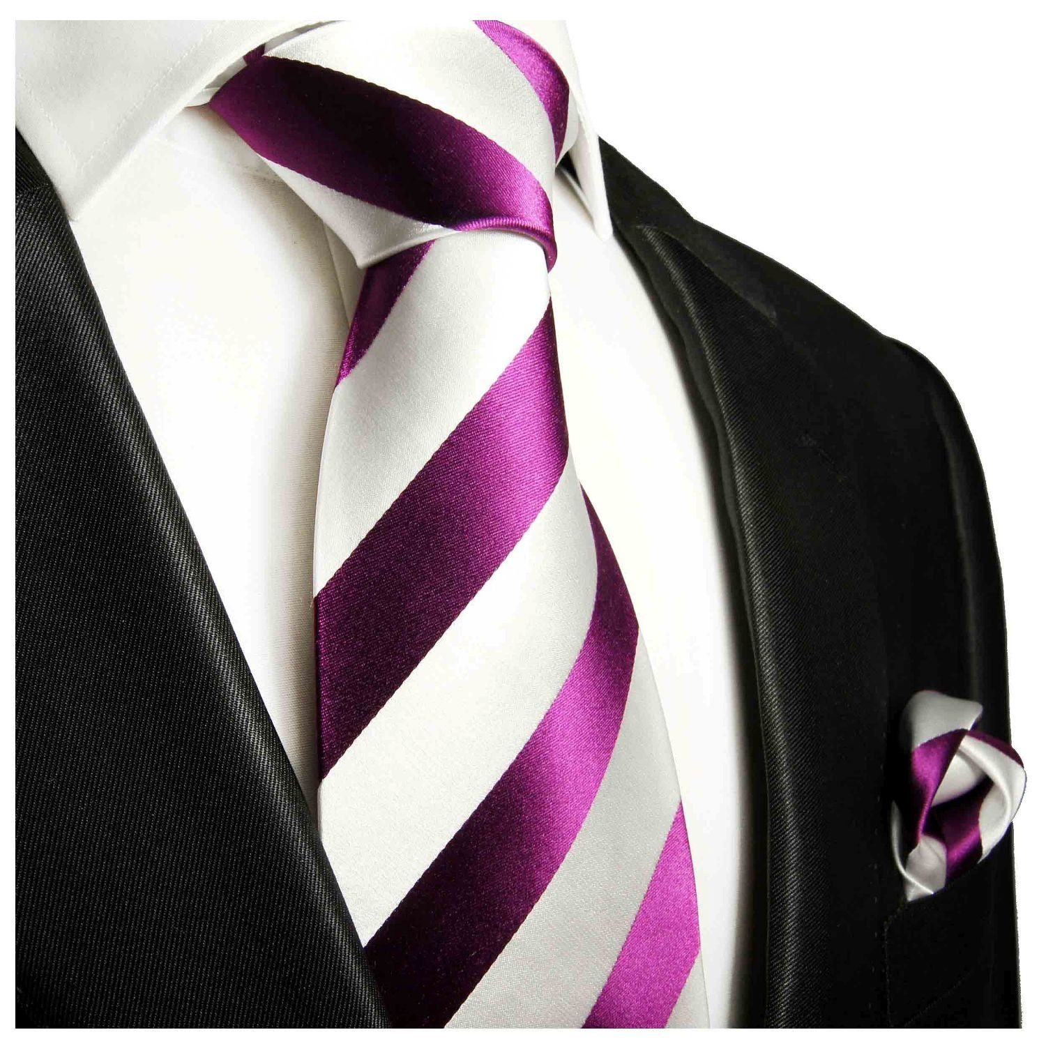 Seidenkrawatte Tuch 100% Herren Krawatte 451 (Set, Breit Paul Seide 2-St., Einstecktuch) modern gestreift mit mit Streifen weiß pink Krawatte Malone (8cm),