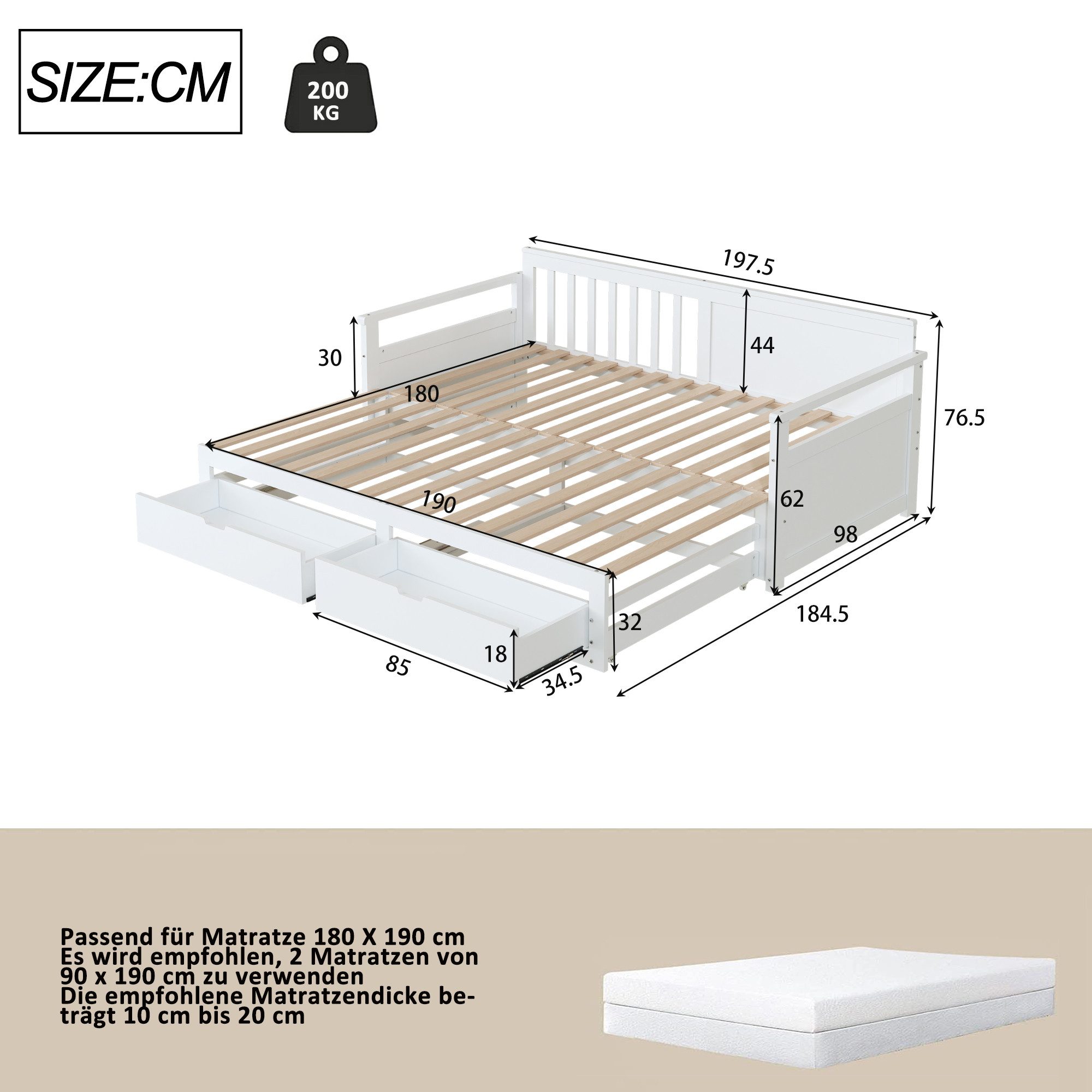 HAUSS SPOLE Schlafsofa 90x190/180x190 Multifunktional mit Schubladen und Ausziehbett Weiß, Multifunktionales Zwei-in-Eins-Tagesbett 90 x 190 cm/180 x190 cm, ohne Matratze