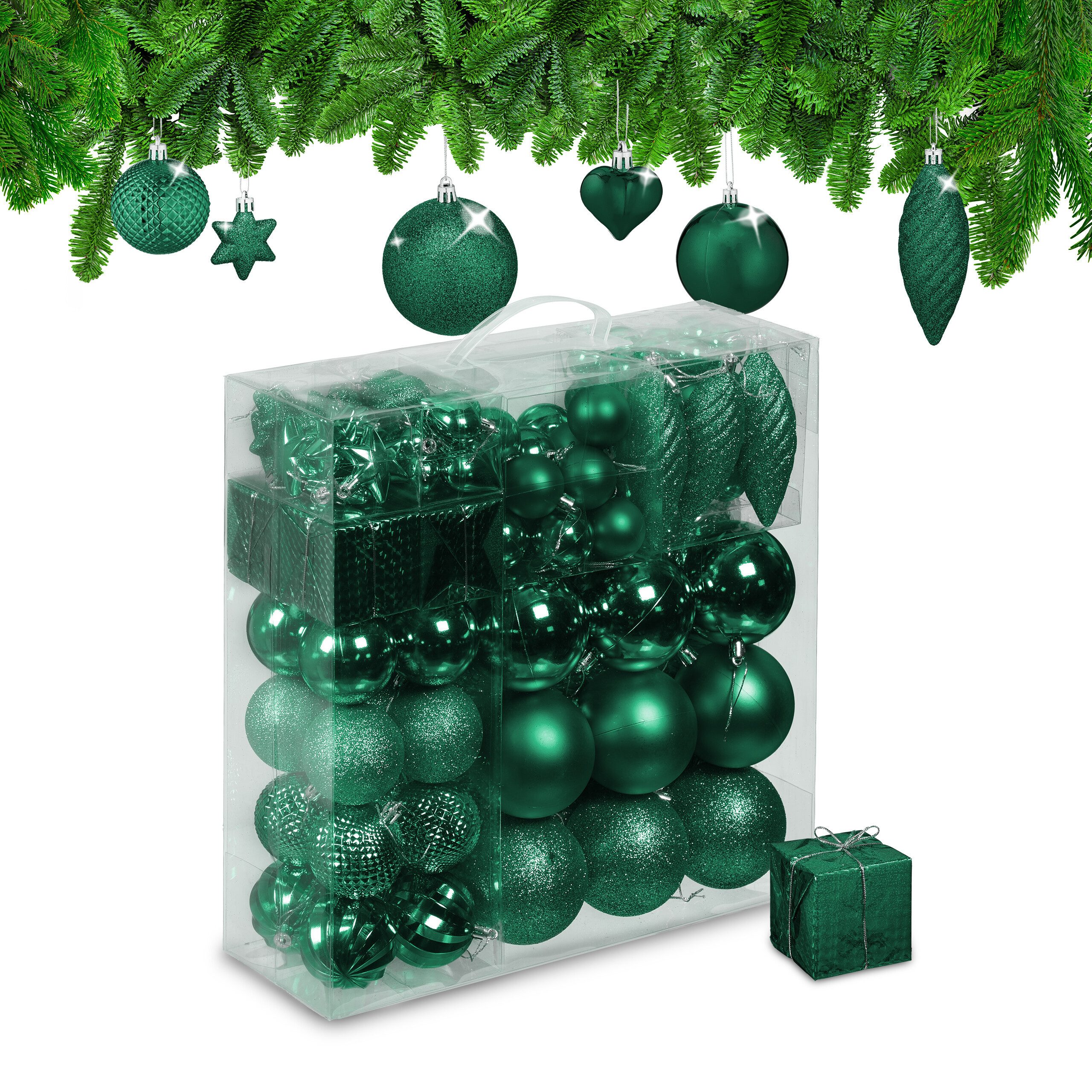 relaxdays Weihnachtsbaumkugel Weihnachtskugeln im 110er Set, Dunkelgrün