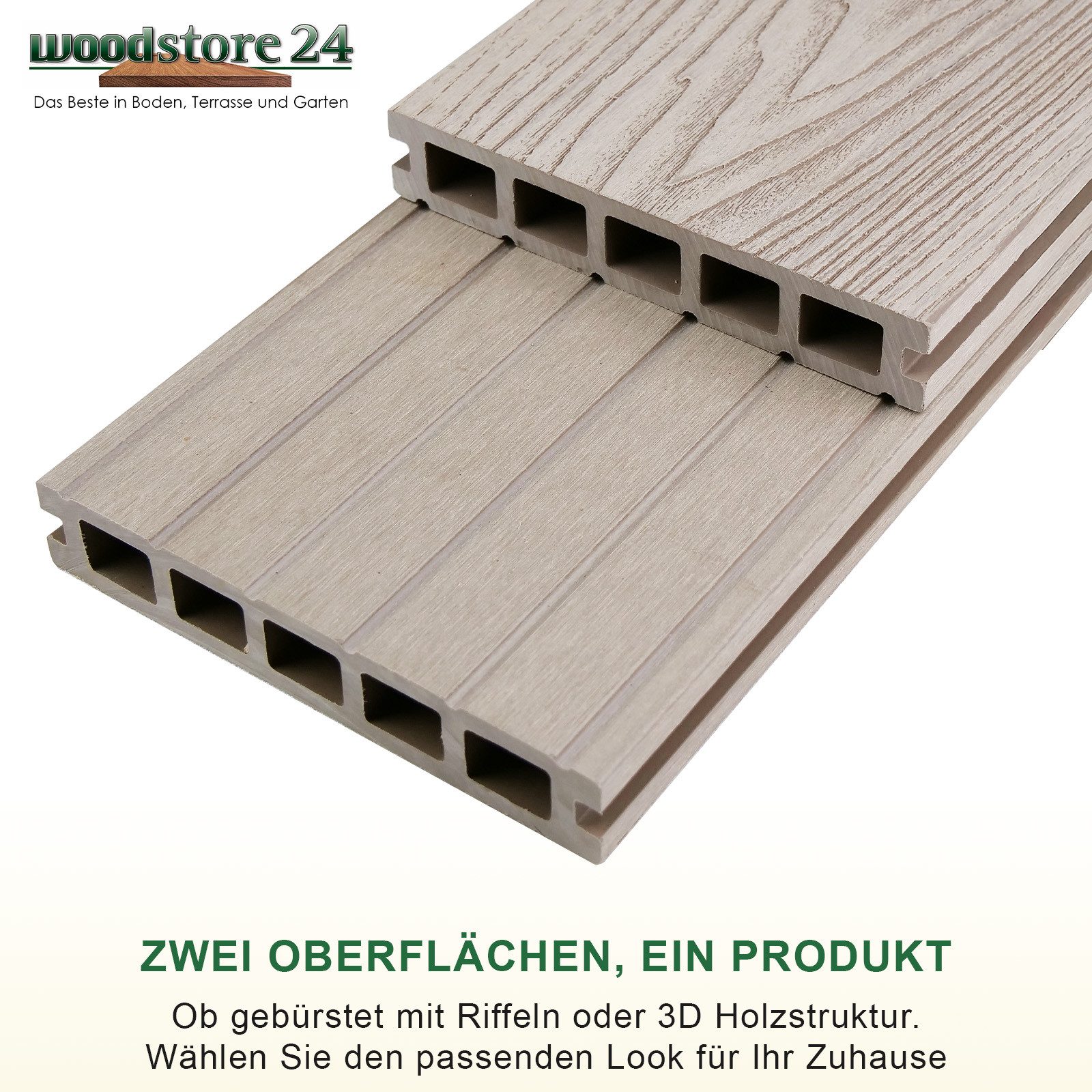Woodstore24 Terrassendielen WoodoMykonos WPC Hohlkammerdiele in 3D-Holzoptik grau, (2,4m L x 14,5cm B x 2,5cm Stärke, Bodenbelag Komplettset mit Unterkonstruktion), Holzoptik, Klicksystem, Außenbereich, Gastronomie geeignet, wetterfest