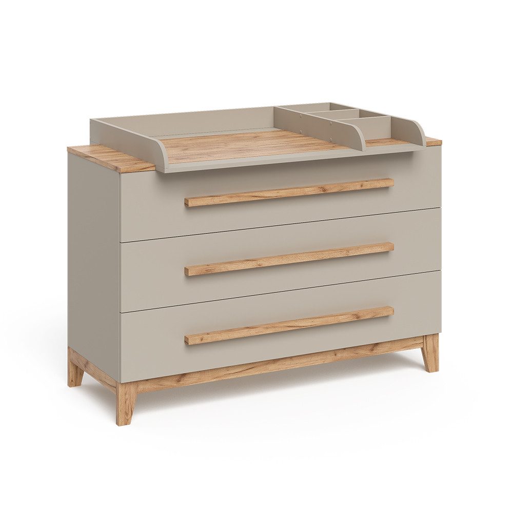 VitaliSpa® Wickelkommode Malia, Cashmere/Eiche/Artisan, 133.2 x 98 cm mit 3 Schubladen