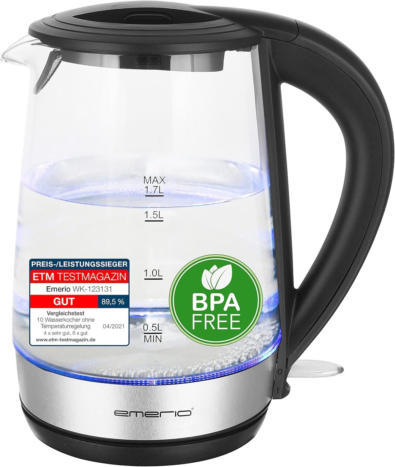 1,7 Wasserkocher, l, BPA 2200 Glas Watt Wasserkocher bestes W, 2200,00 Emerio 1.7L, frei, Borosilikatglas