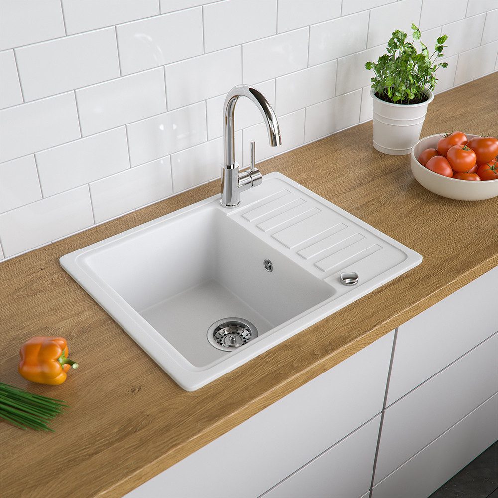 Bergstroem Granitspüle, Weiß, 58 x 46 cm mit Trockenplatz, Rechteckig, 57.5/46 cm, beidseitig montierbar