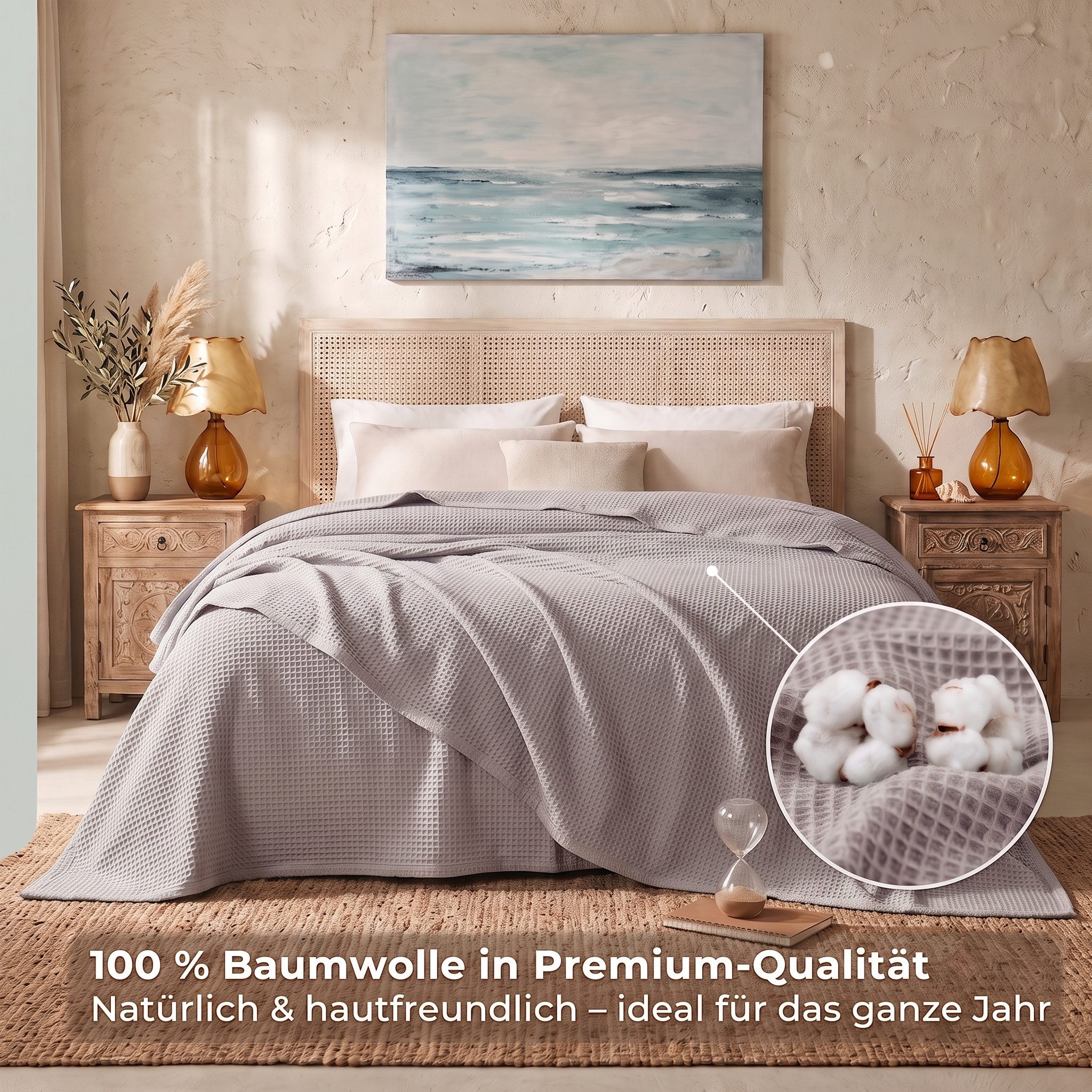 herémood Tagesdecke aus 100% Baumwolle – Wohndecke Elegante Waffelpique Kuscheldecke, für Sofa & Bett, atmungsaktiv & pflegeleicht – 150x200 cm BEIGE