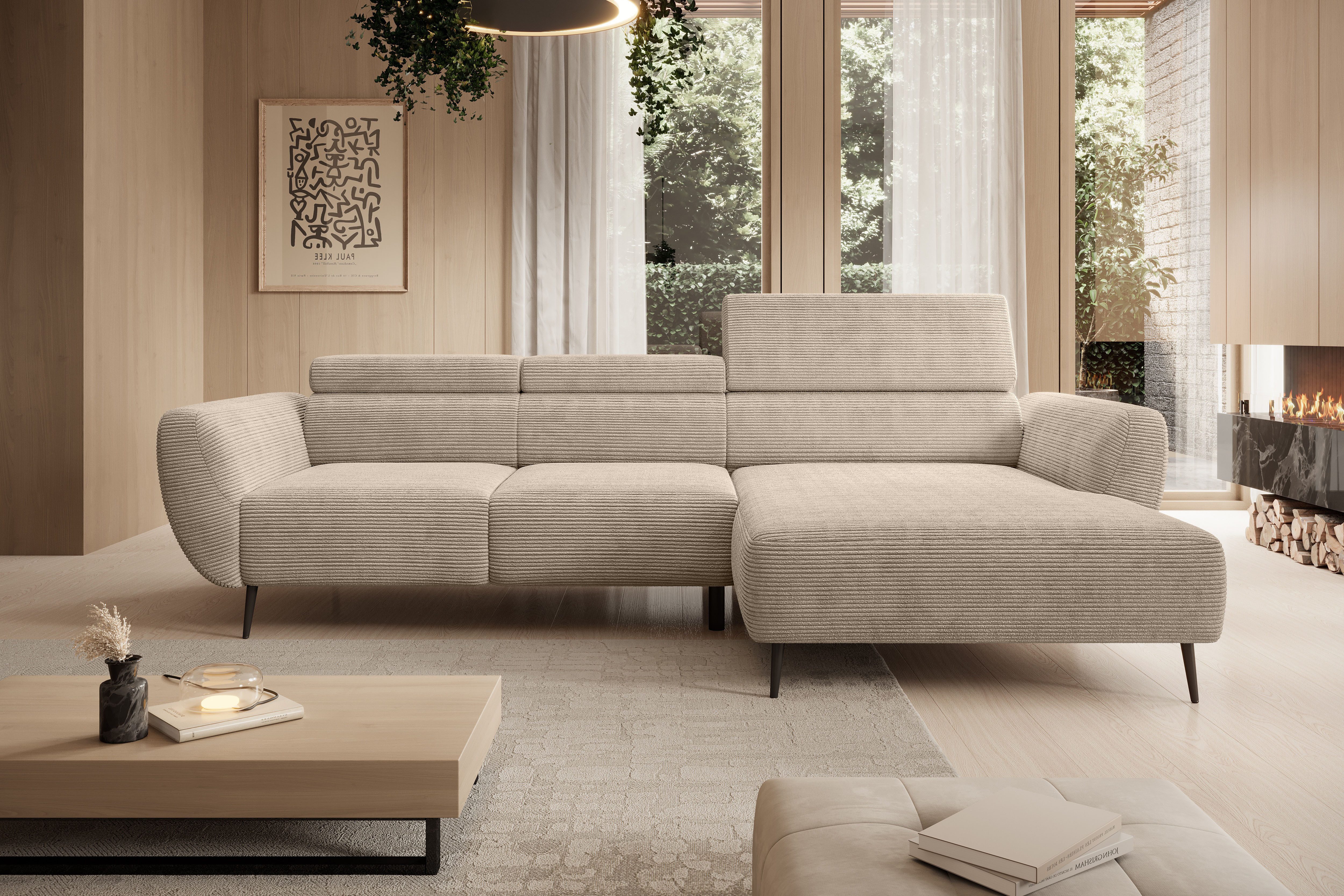 WERK2 Ecksofa Alisson 277 x 174 cm modern & bequem, bodenfrei, Multifunktionen, Cord, L-Form, XXL, elektrische Sitztiefenverstellung, Schlaffunktion
