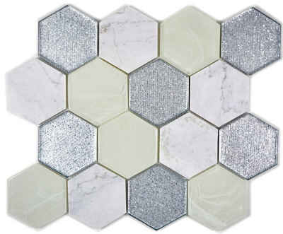 Mosani Marmor Glas Mosaikfliesen Hexagonale Glasmosaik Naturstein Fliesen grau silber, Silber Grün