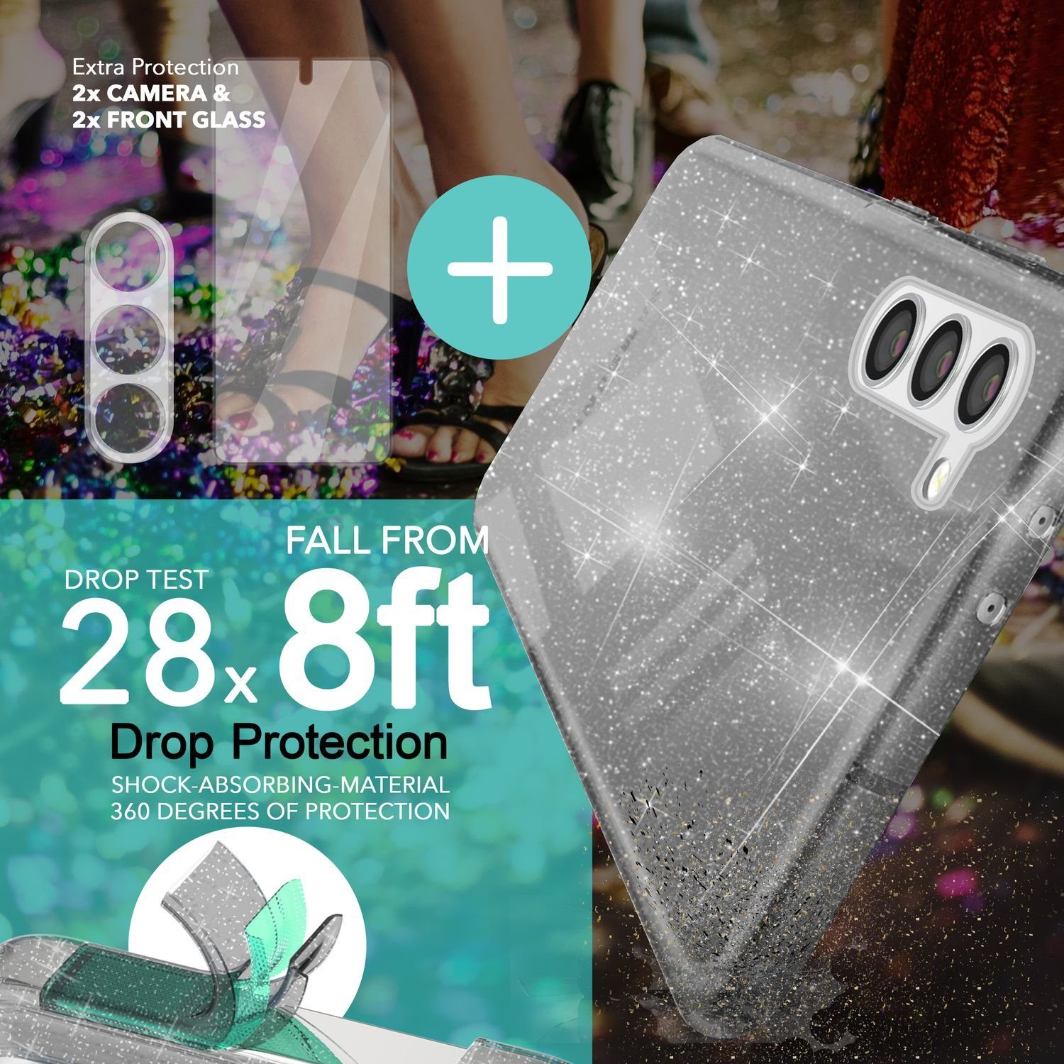 Nalia Smartphone-Hülle Samsung Galaxy S23 15,5 cm (6,1 Zoll), Klare Glitzer Silikon Hülle / 2x Display- & Kameraschutz / Bling Cover