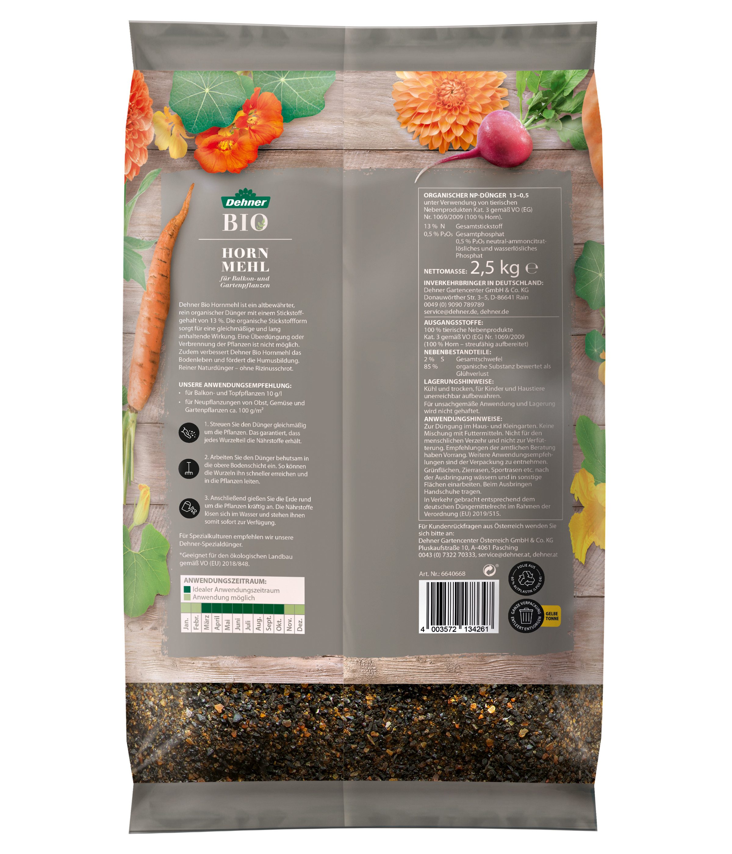 Dehner Gartendünger Bio Hornmehl, 2.5 kg, reicht für ca. 25 qm, 25 m², natürlicher Stickstoffdünger