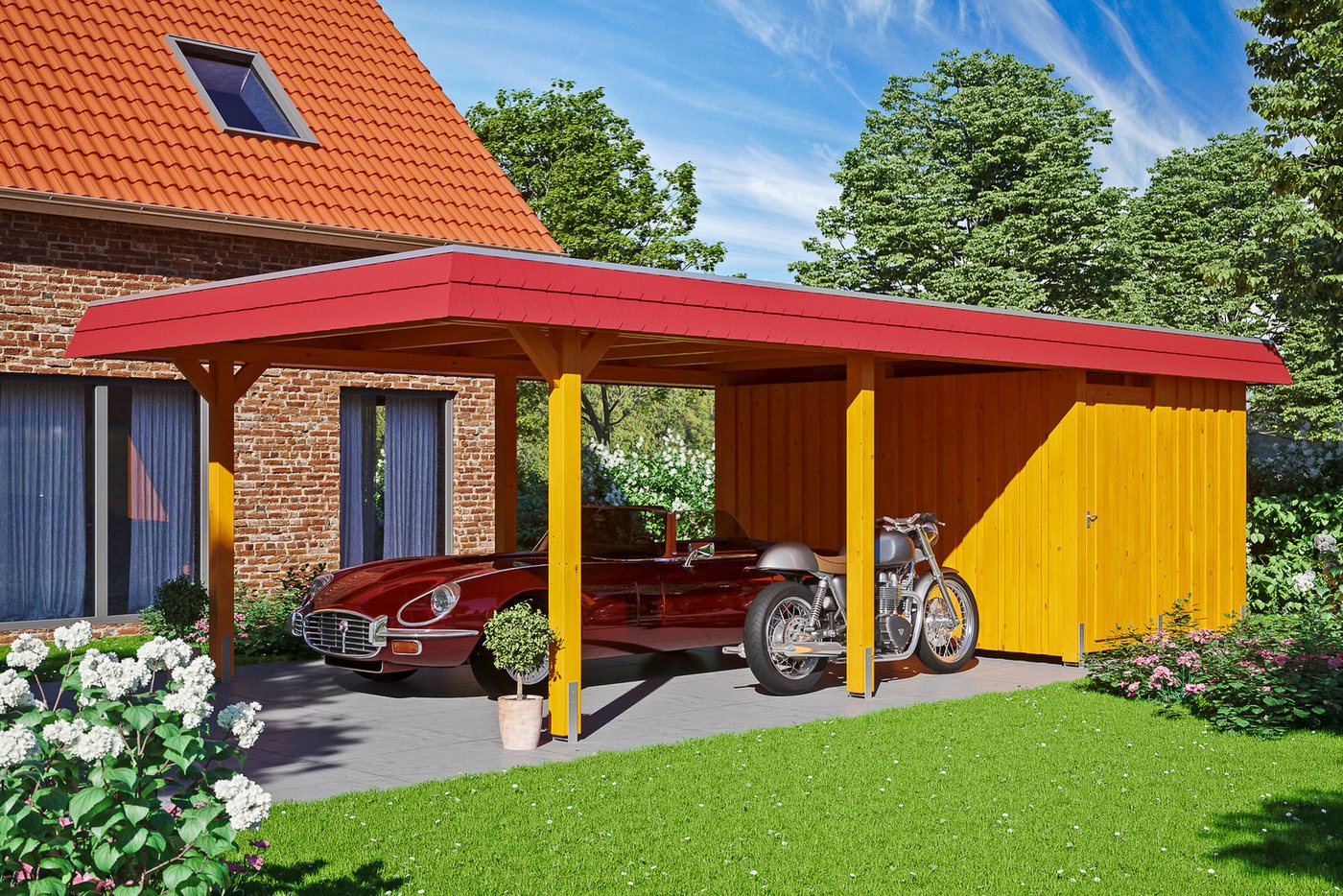Thumbnail - Skanholz Einzelcarport Wendland, BxT: 409x870 cm, 210 cm Einfahrtshöhe, mit Abstellraum mit EPDM-Dach, rote Blende