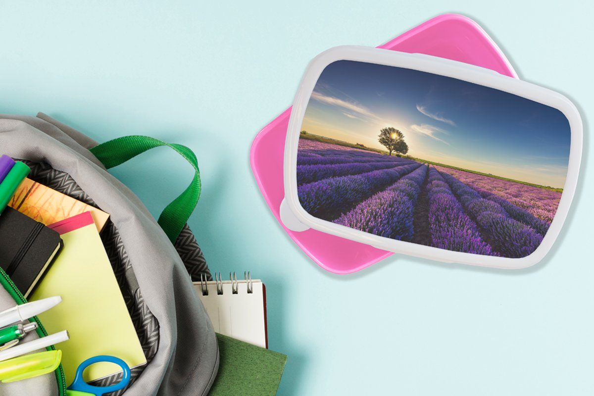 MuchoWow Lunchbox Lavendel Kinder, rosa Mädchen, Kunststoff, Lila, - - - für Blumen Baum (2-tlg), Kunststoff Brotdose - Snackbox, Brotbox Erwachsene, Sonne