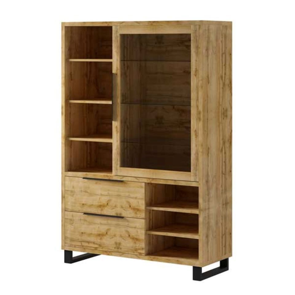 Helvetia Vitrine Halle (1 Glastür, Glasböden, 2 Schubladen, offene Fächer, 1-St., moderne Holzoptik, Metallgriffe, Metallfüße) 120x45x190cm Wotan Eiche