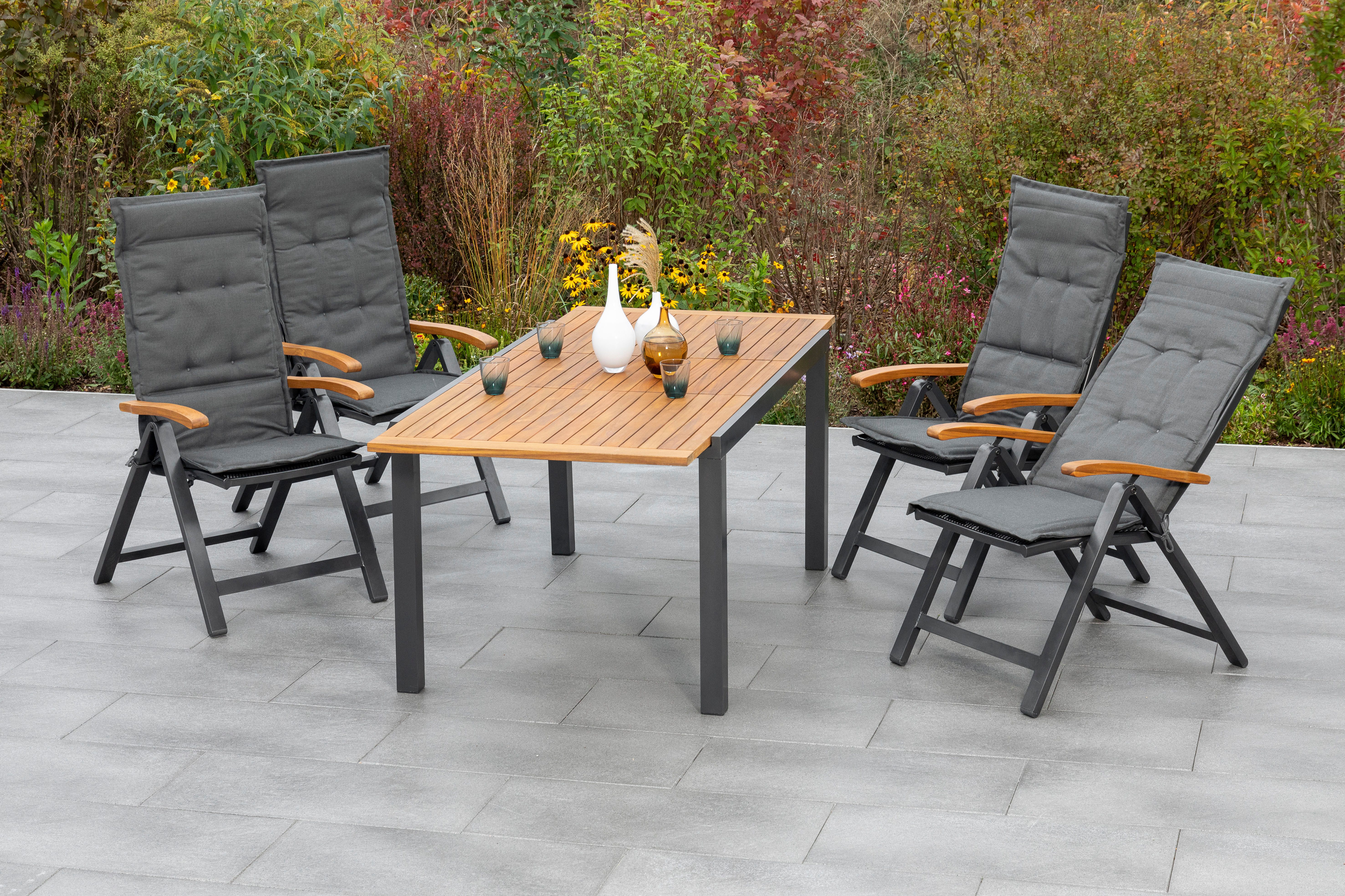 MERXX Garten-Essgruppe Tilos, (5-tlg), 4 Klappsessel mit ausziehbarem Tisch