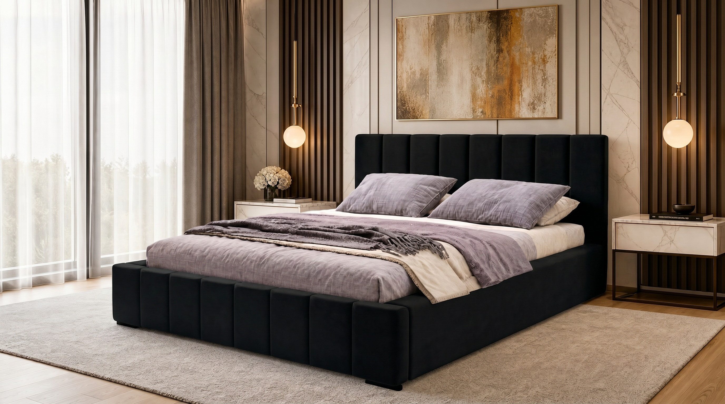 MARPUR Polsterbett Luxus Polsterbett NERO aus weichem Velours mit Lattenrost (Polsterbett mit Bettkasten und Kopfteil, Lattenrost, Füße, Anleitung), gepolstertem Kopfteil & silbernen Füßen