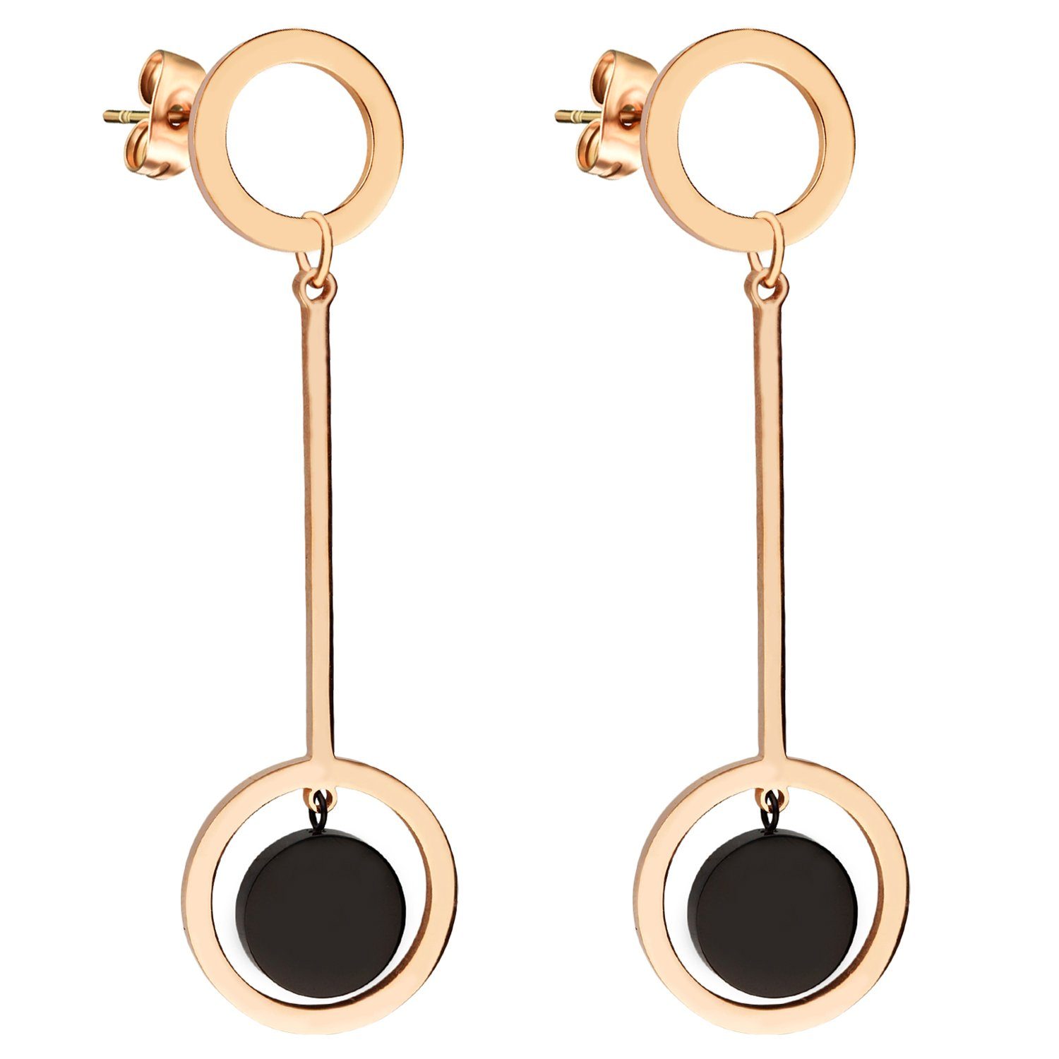 LÖB Paar Ohrstecker 18K Roségold vergoldet Edelstahl Ohrringe Ring Offen Anhänger Schwarz (Geschenke für Frauen Damen Beste Freundin Mutter Mama Ehefrau Oma sie zum Geburtstag Schmuck Herbst Oktoberfest), Ohrstecker Hängend Lang Stab Ringanhänger Kreisanhänger Modern Platte