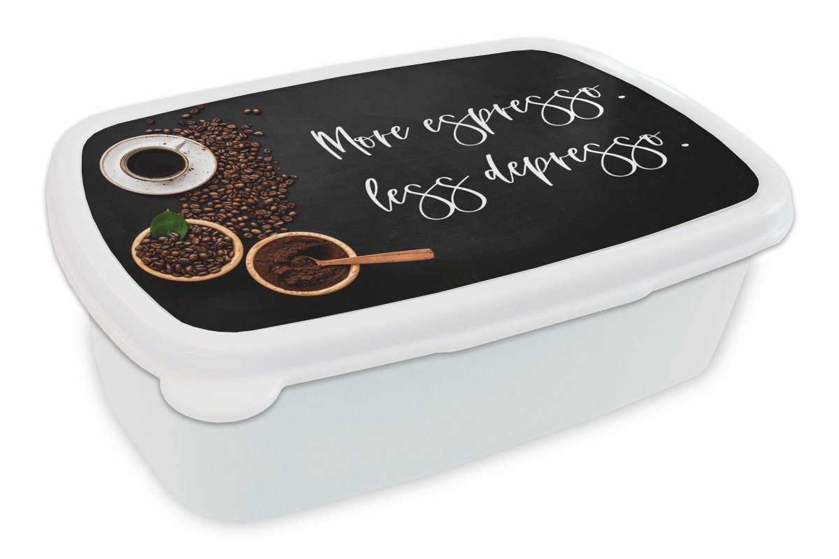 MuchoWow Lunchbox Kaffee - Mehr Espresso weniger Depresso - Zitate - Sprichwörter, Kunststoff, (2-tlg), Brotbox für Kinder und Erwachsene, Brotdose, für Jungs und Mädchen weiß