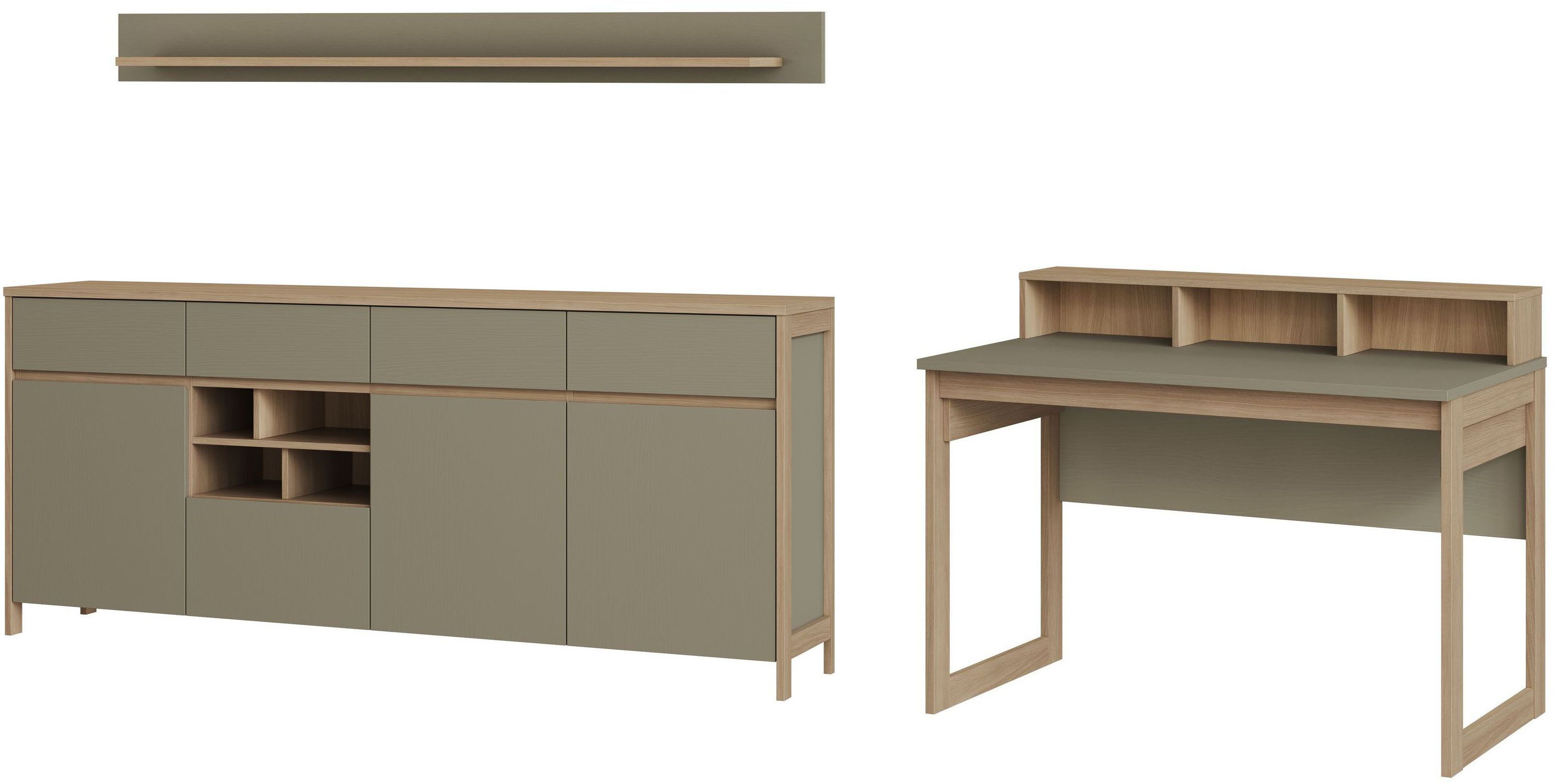Home affaire Büromöbel-Set Stranda im Scandi-Style, Home Office, Büro in zwei Farben verfügbar, (3-tlg), enthält Schreibtisch, Sideboard und Wandboard