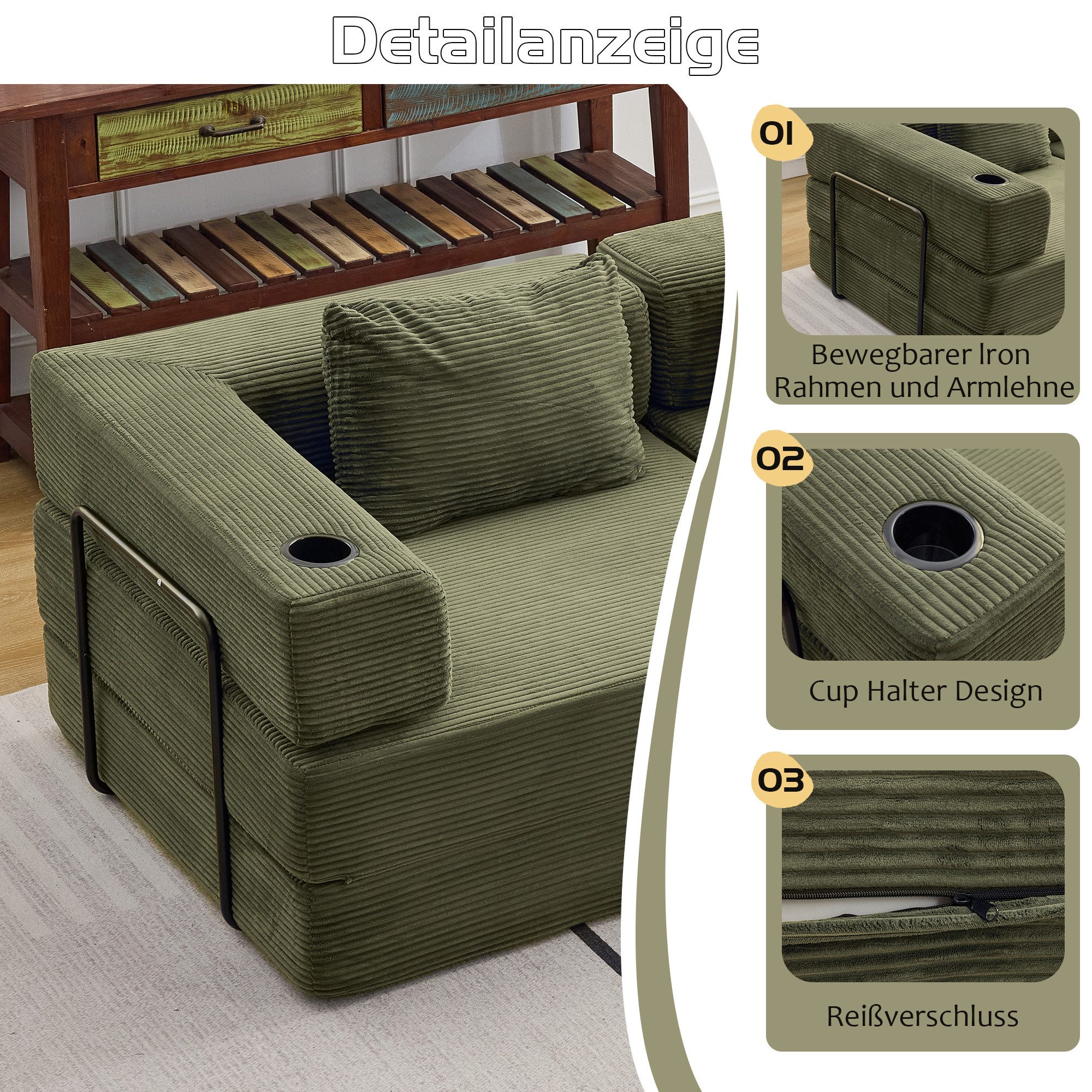 Leawin Sofa Modulares Schlafsofa aus Chenille mit Bettfunktion-Sofas Wohnzimmer, Flexibles Sofa & Bett für Wohnzimmer, Wohnung oder Gästezimmer
