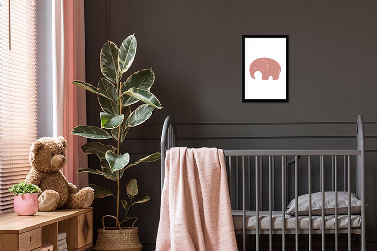 Elefant (1 Schwarzem Tiere Gerahmtes Wandposter, MuchoWow Poster, Poster Rosa Mädchen, St), Bilderrahmen Bilder, - Wanddeko, - -