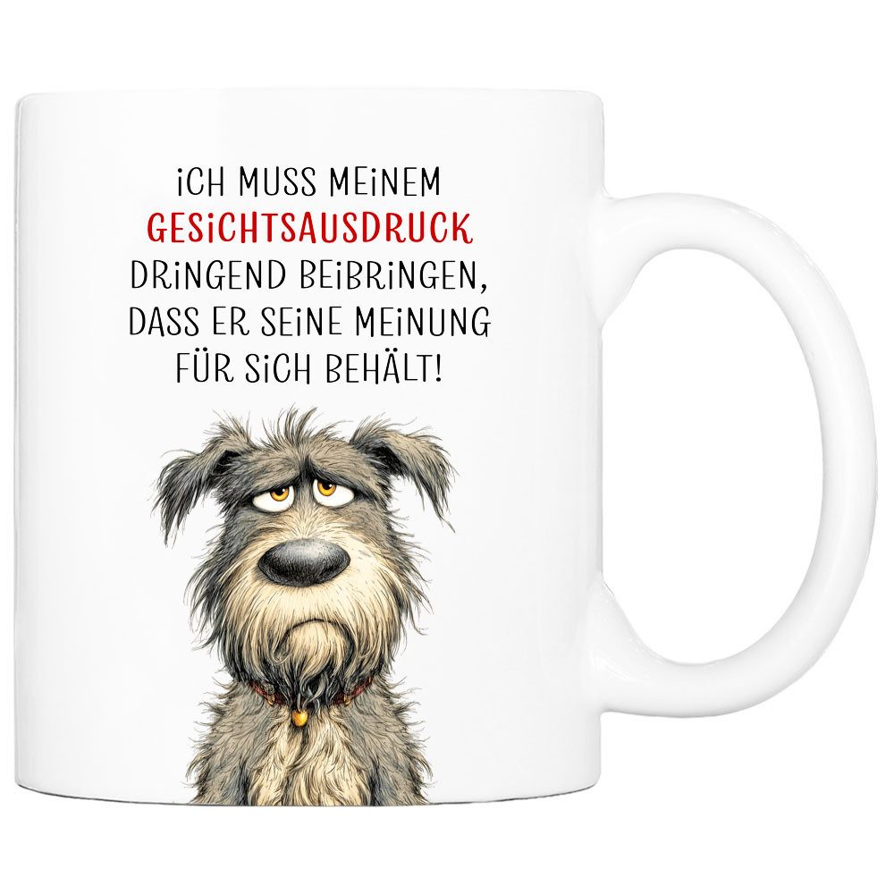 Cadouri Tasse mit Spruch 'Gesichtsausdruck' Kaffeetasse Büro Arbeit, Geschenk, Keramik, Kaffeebecher, Geschenkidee Arbeitskollege, lustig, Humor, 330 ml