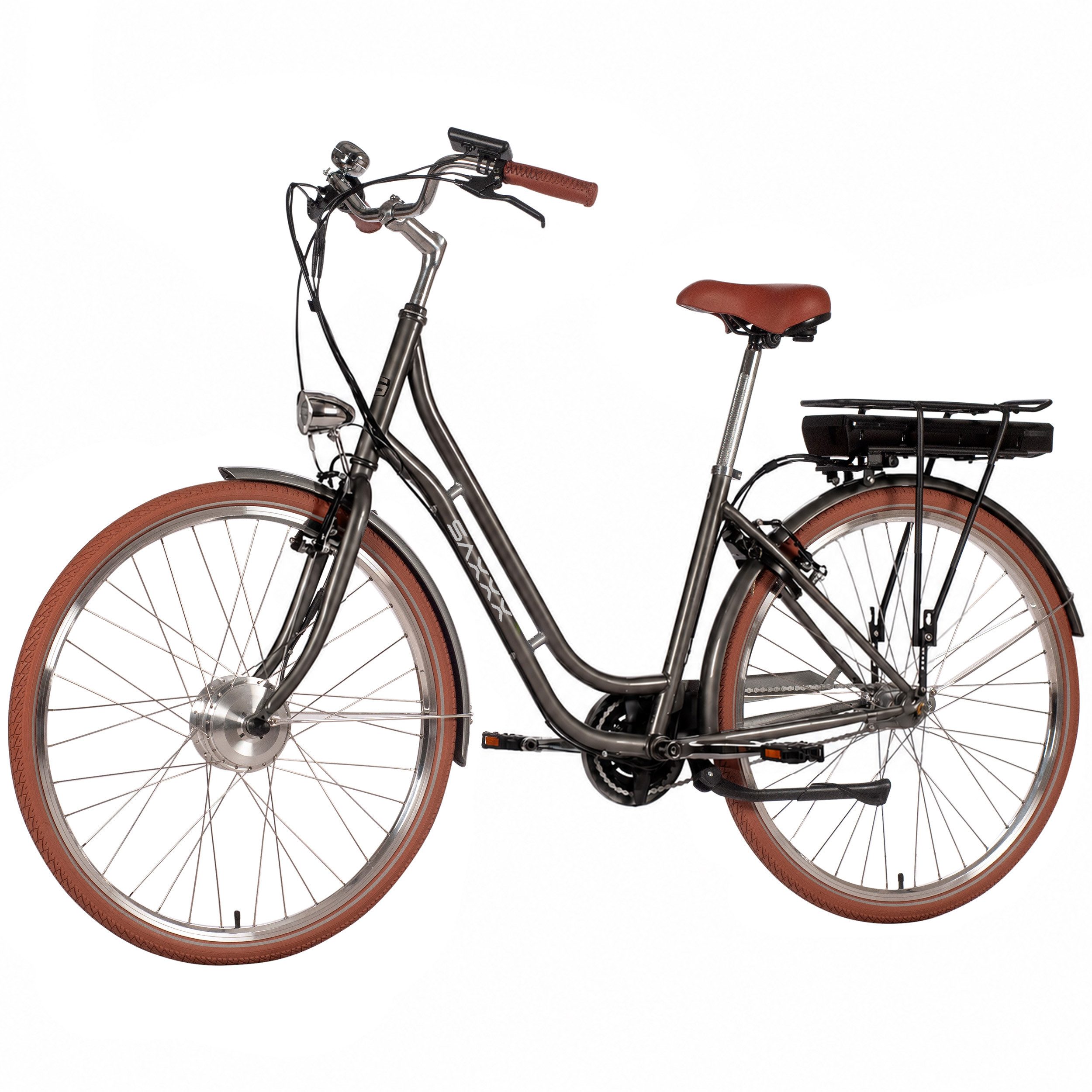 SAXXX E-Bike Cityrad 28'' Elektrofahrrad für Damen Herren, 90km, V-Bremse, 95% vormontiert, 3 Gang Shimano Nexus Schaltwerk, Nabenschaltung, Frontmotor, 374,4 Wh, (max. 130kg, Vorderradmotor, Gepäckträgerakku, mit Gepäckträger), Pedelec, E-Citybike, Tiefe