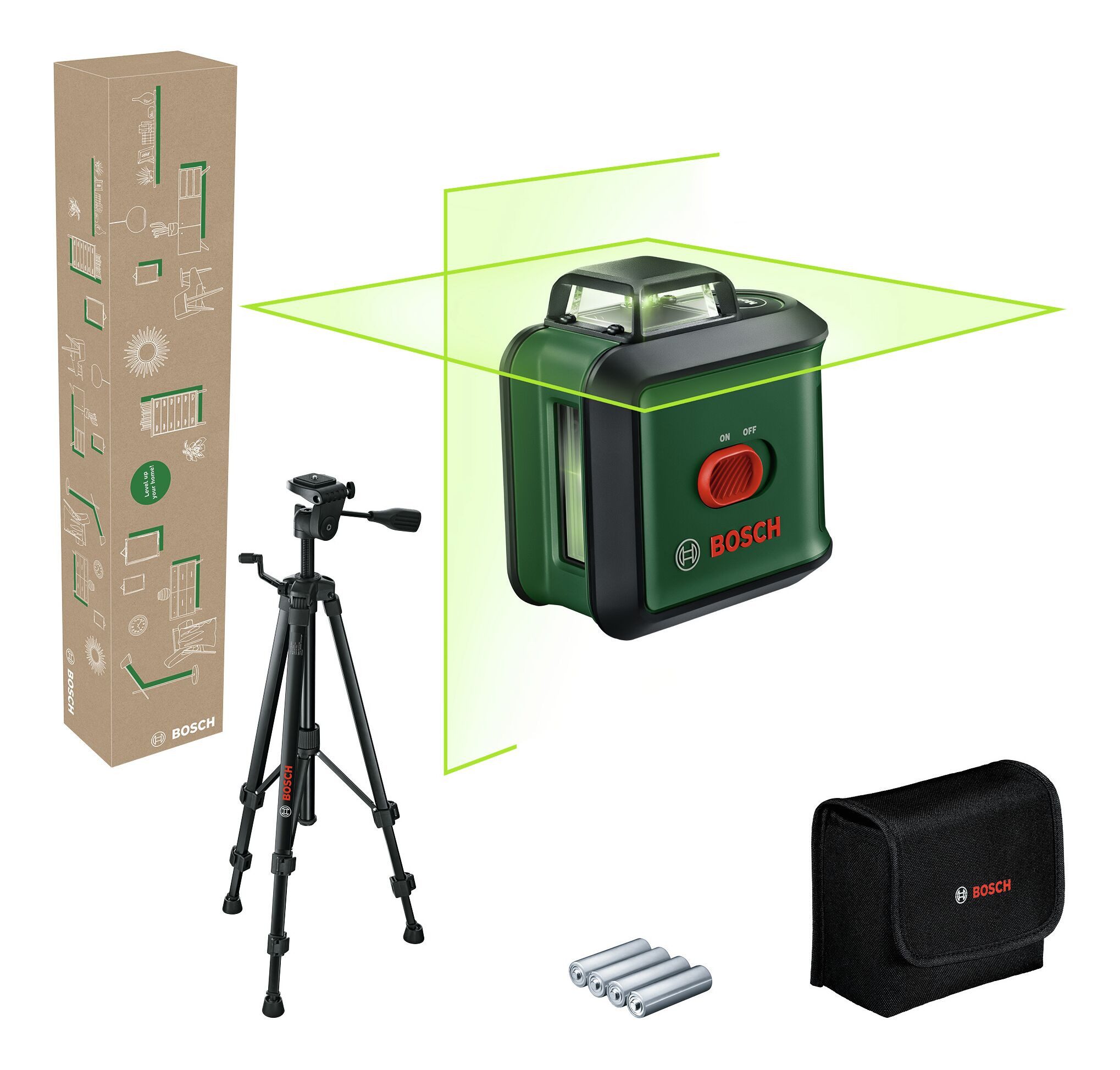 BOSCH Punkt- und Linienlaser UniversalLevel 360 Set, Kreuzlinien-Laser mit Stativ TT 151 - im eCommerce-Karton