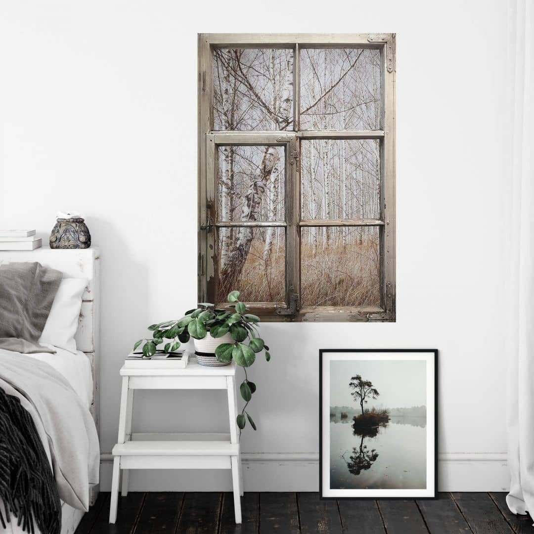 K&L Wall Art Wandtattoo 3D Aufkleber Shabby Chic Fenster Wasinger Landhaus Birkenwald, Holzfenster Wandbild selbstklebend