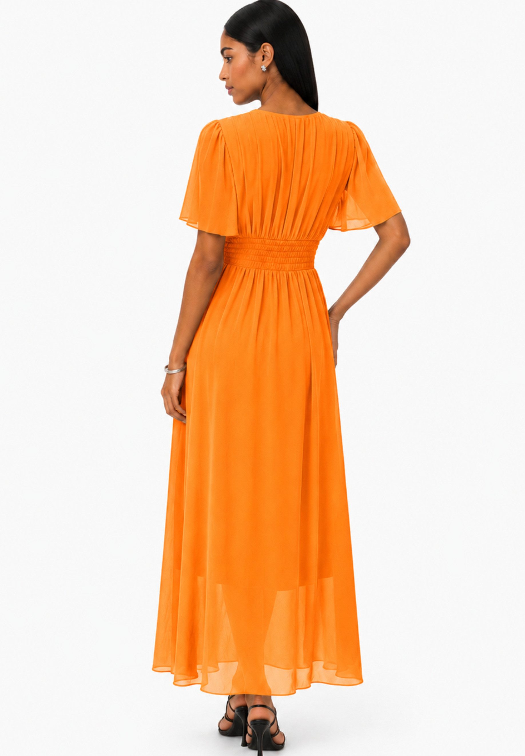 Elara Maxikleid — Damen Sommerkleid mit Wickeloptik, Smoktaille & Flügelärmeln (1-tlg) – Bild 5 von 5