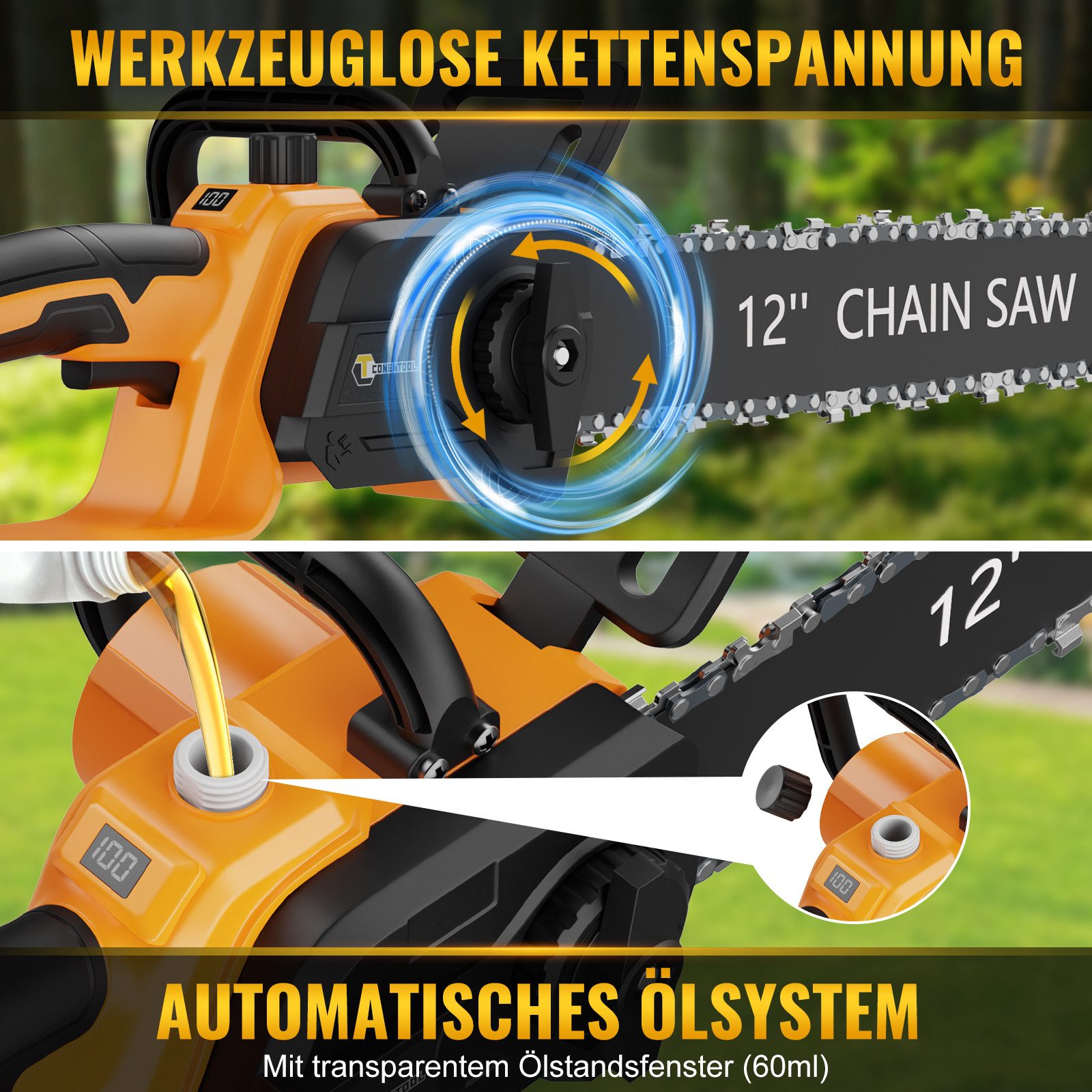 CONENTOOL Akku-Kettensäge 12 Zoll (30,5cm), 21V Brushless, 30,5 cm Schwertlänge, 1000W, 2x4,0Ah Akkus, inkl. Ladegeraet & Zubehoer