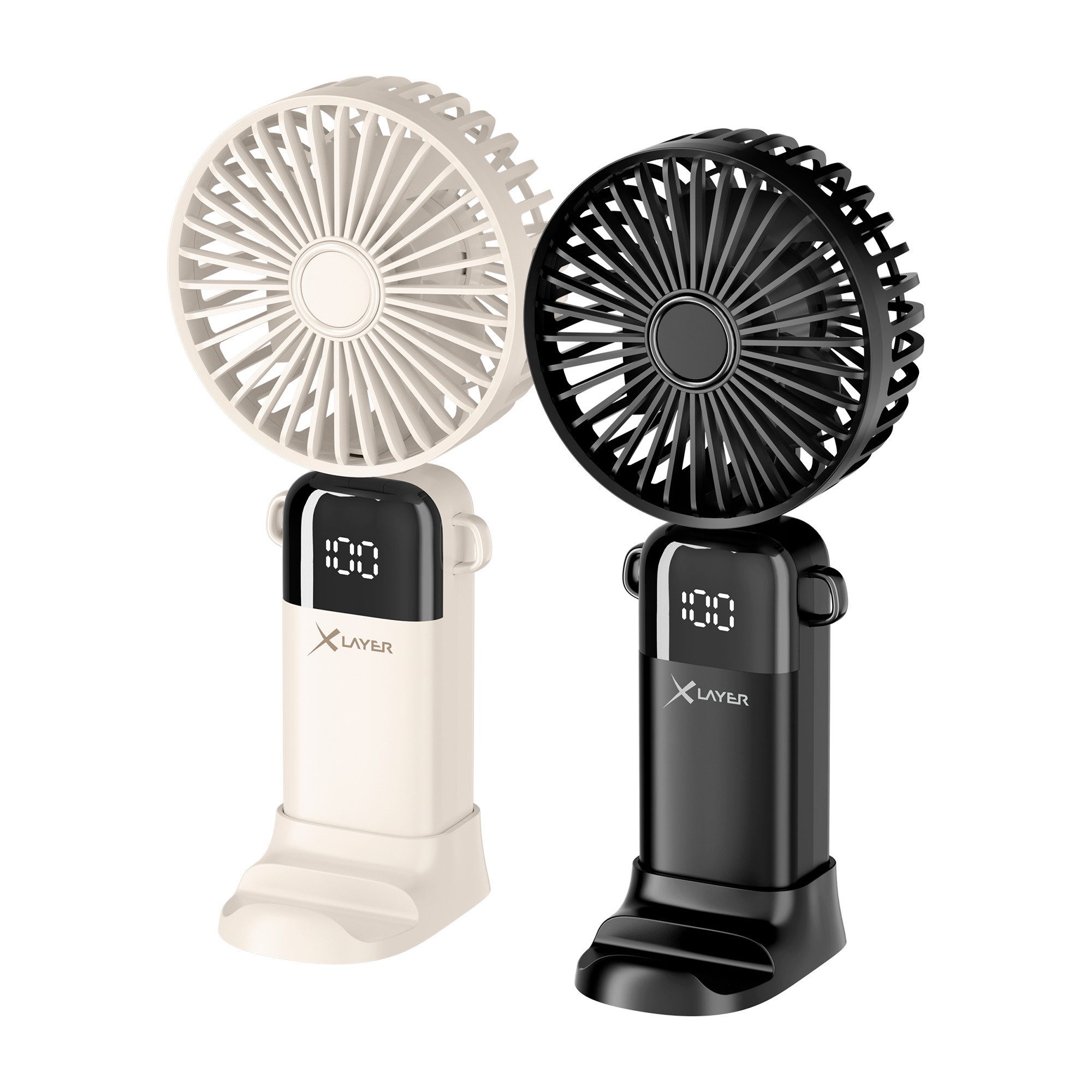 XLAYER Handventilator 2er Set klappbar/wiederaufladbar mit Smartphonehalterung
