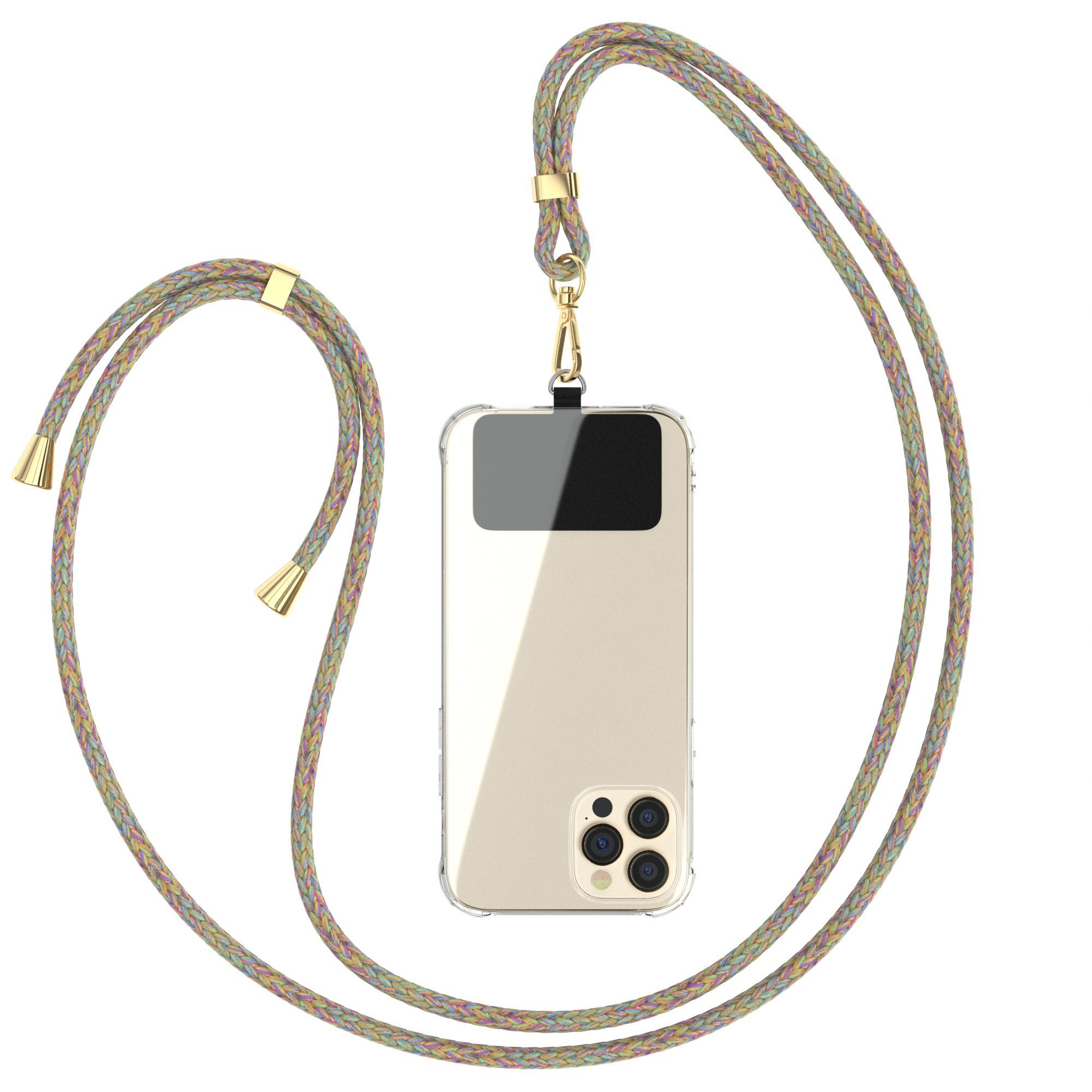 EAZY CASE Handykette Universal für jedes Smartphone zum Umhängen, Universales Handyband mit Carabiner wechselbare Kordel Bunt Clips Gold