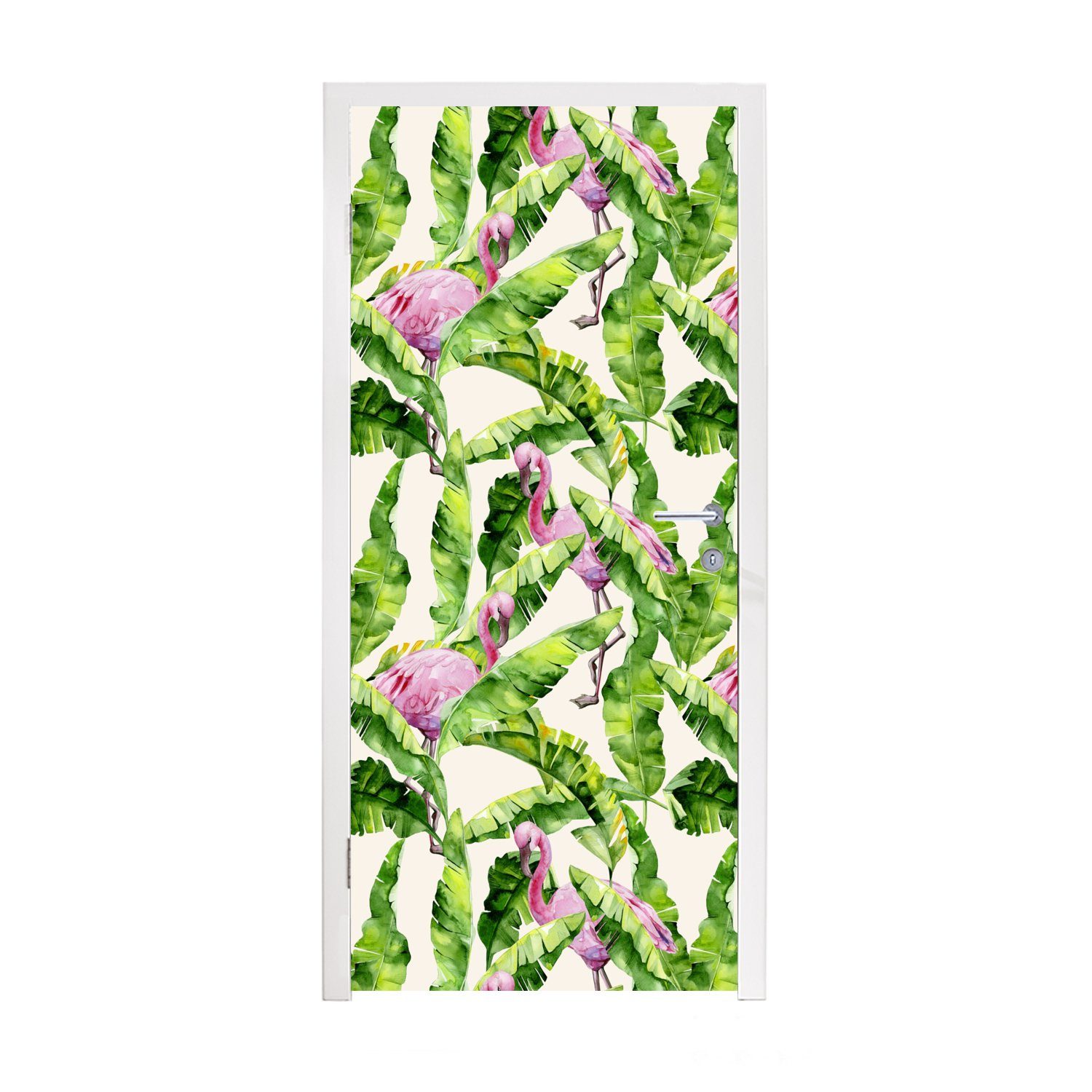 MuchoWow Türtapete Flamingo - Blätter - Muster, Matt, bedruckt, (1 St), Fototapete für Tür, Türaufkleber, 75x205 cm
