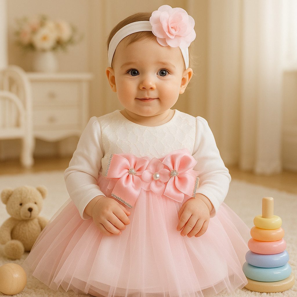 Lorey Medtec Taufkleid Prinzessin Kleid mit Stirnband, Party Kleid, Spitze, 100% Baumwolle (Kleid + Stirnband) Spitze