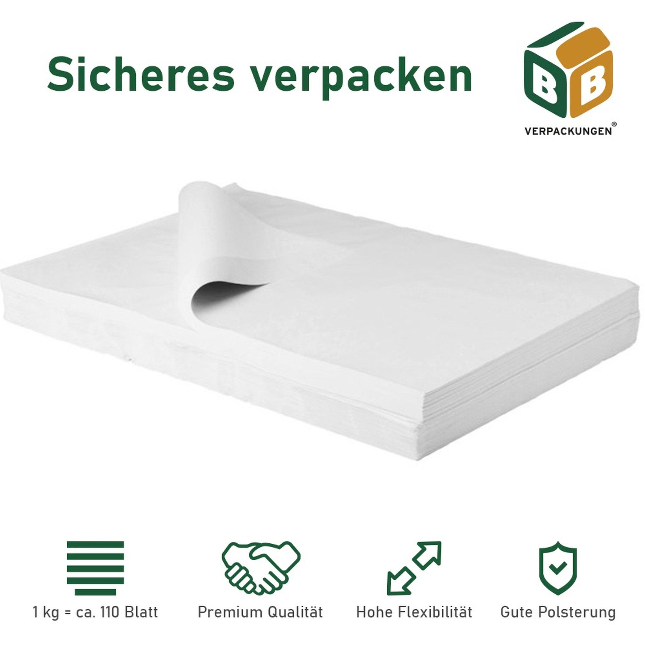 BB-Verpackungen Seidenpapier Juwelierseide SMALL, Weiß, 37,5 cm x 50 cm, einseitig glatt