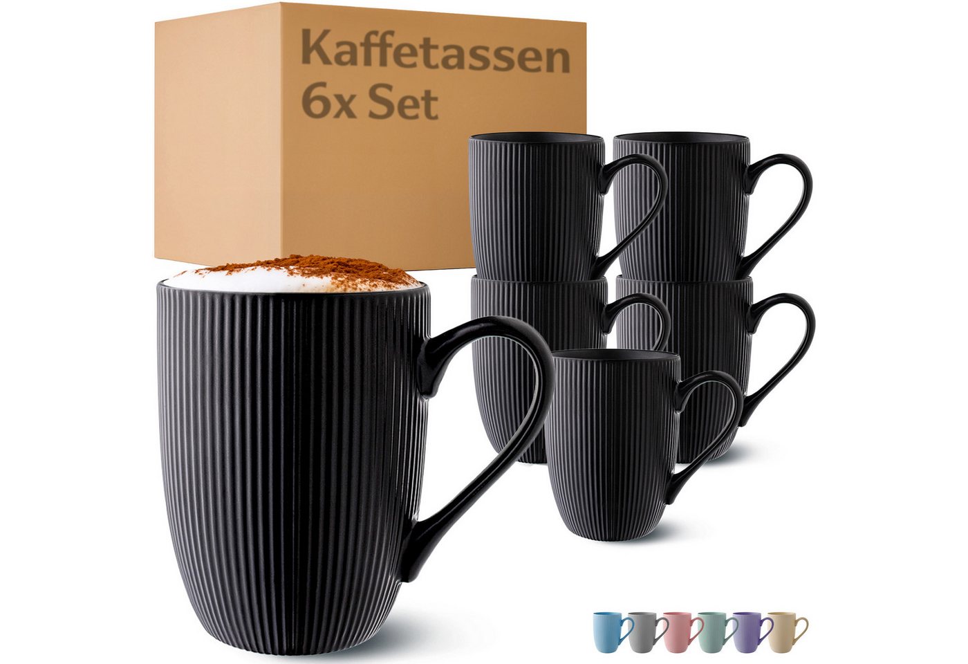 Cosumy Tasse Kaffeetassen 6er Set in Schwarz Matt 350ml - Streifenmuster - Keramik, 6-tlg., Keramik, Auch als Teebecher, Teetasse, Lungo Tasse - Mit Streifenmuster
