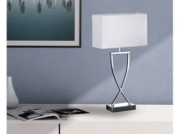 meineWunschleuchte LED Nachttischlampe, große Lampenschirm Stoff-Lampe schmal Design Silber Chrom / Weiß für Fensterbank