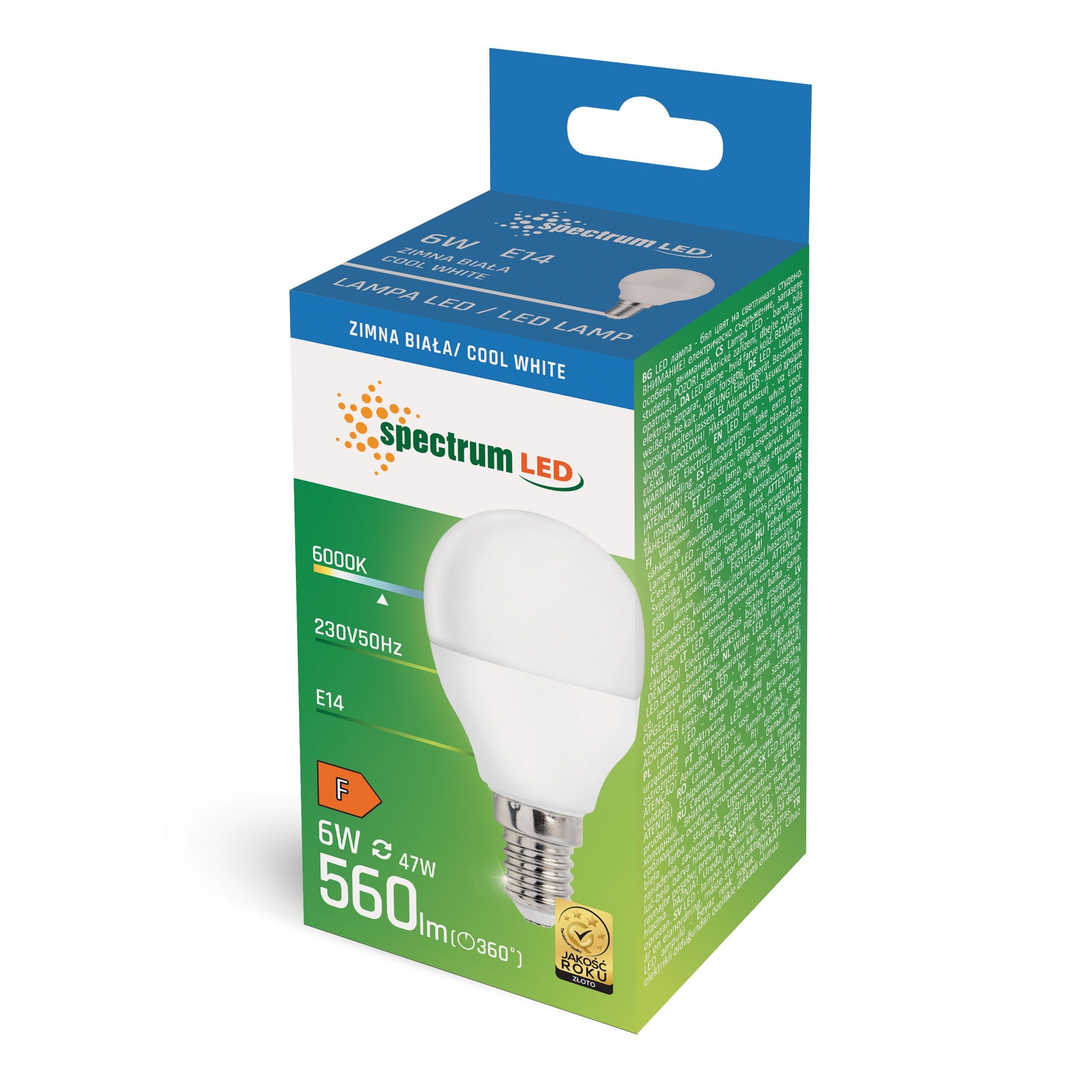 spectrum G45 = 6000K, Kaltweiß Kaltweiß E14 560lm Birne 47W 160° 6W LED-Leuchtmittel E14, LED LED 230V Tropfenform