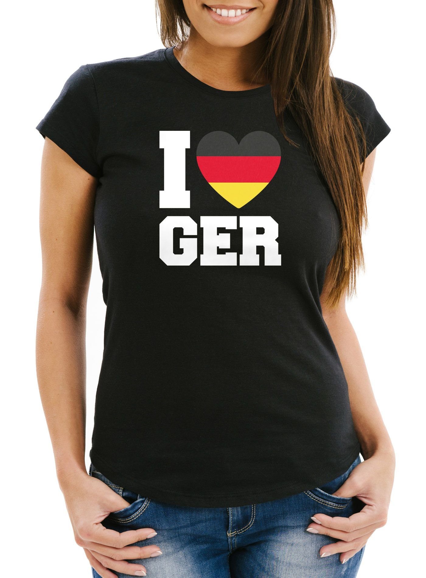 MoonWorks Print-Shirt Damen T-Shirt I Love Germany Deutschland-Herz Fußball WM-Shirt Fanshirt Deutschlandshirt Moonworks® mit Print