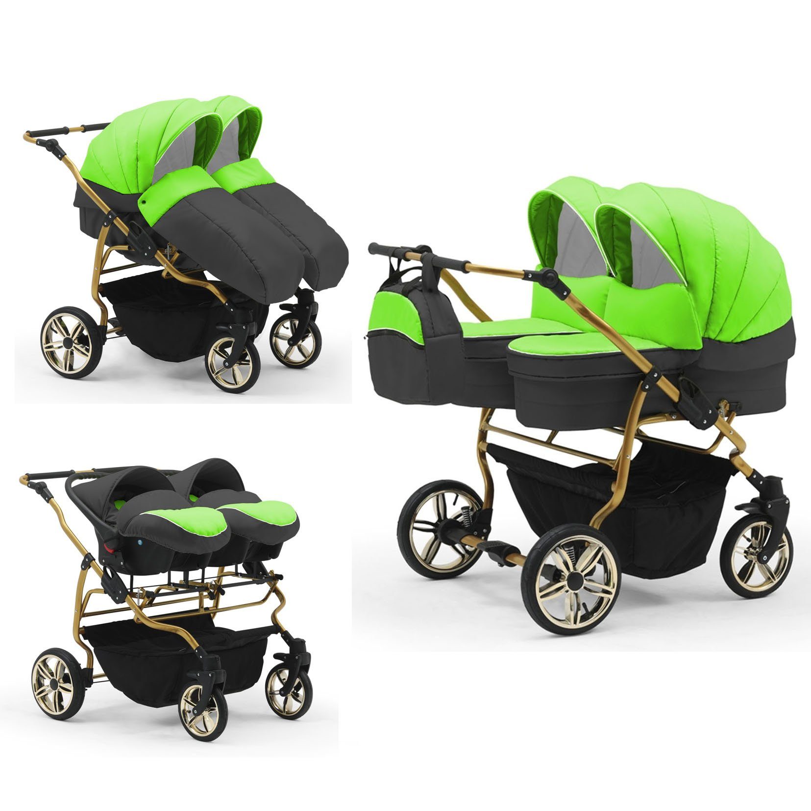 babies-on-wheels Zwillingswagen Duet Lux Gold 3 in 1 inkl. Autositze - 13 Teile - in 33 Farben Grün-Grau