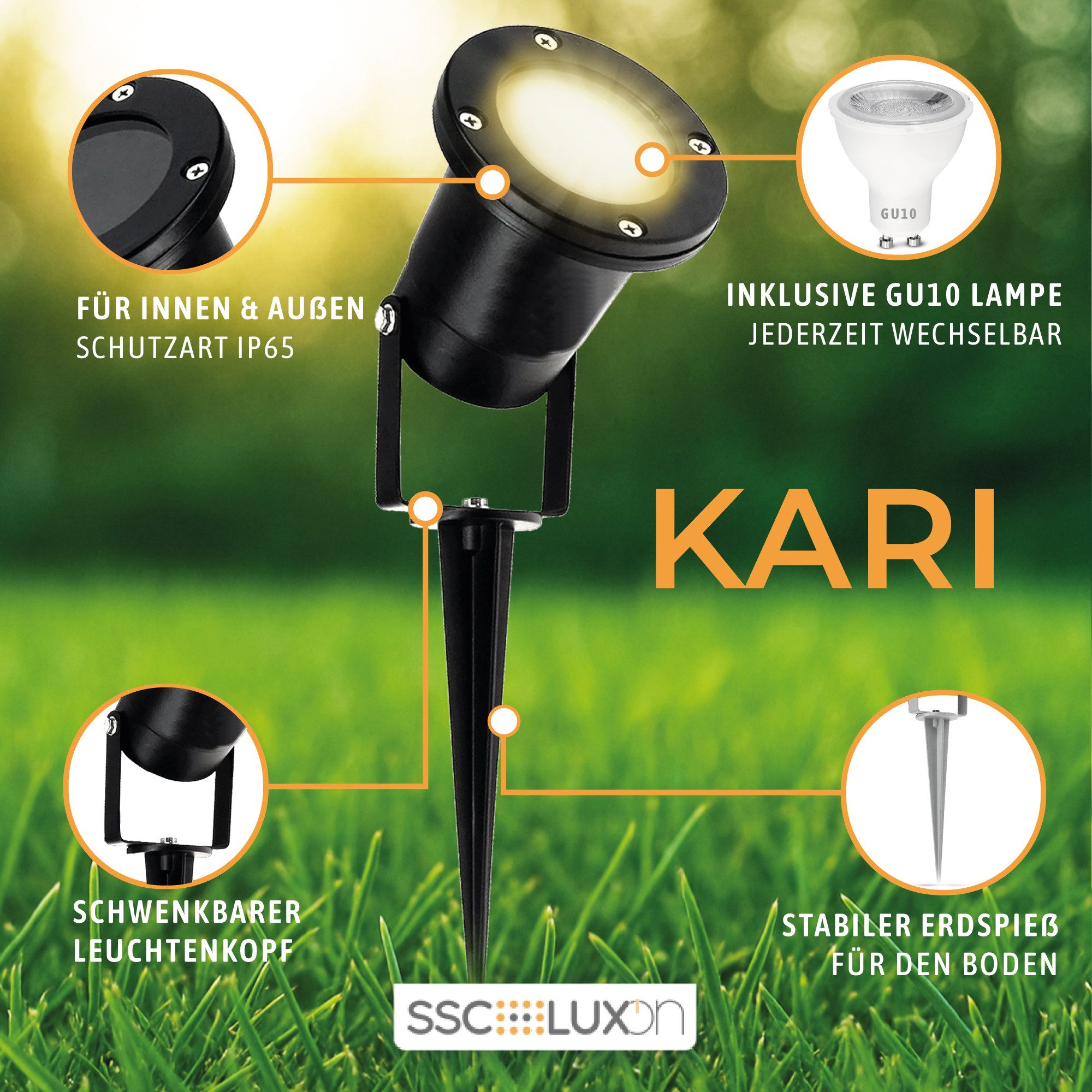 SSC-LUXon LED Gartenstrahler LED Gartenstrahler KARI Erdspiess & Kabel schwarz 3W warmweiss GU10, Warmweiß bis Tageslicht