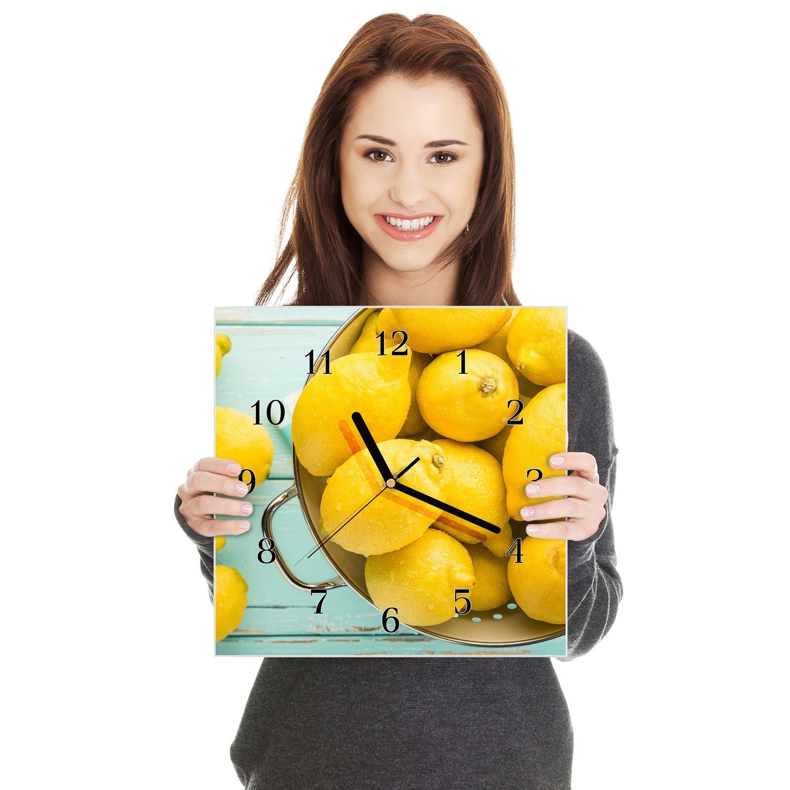 30 Zitronen Größe Primedeco x mit Topf Motiv im Wanduhr Glasuhr cm Wandkunst 30 Wanduhr