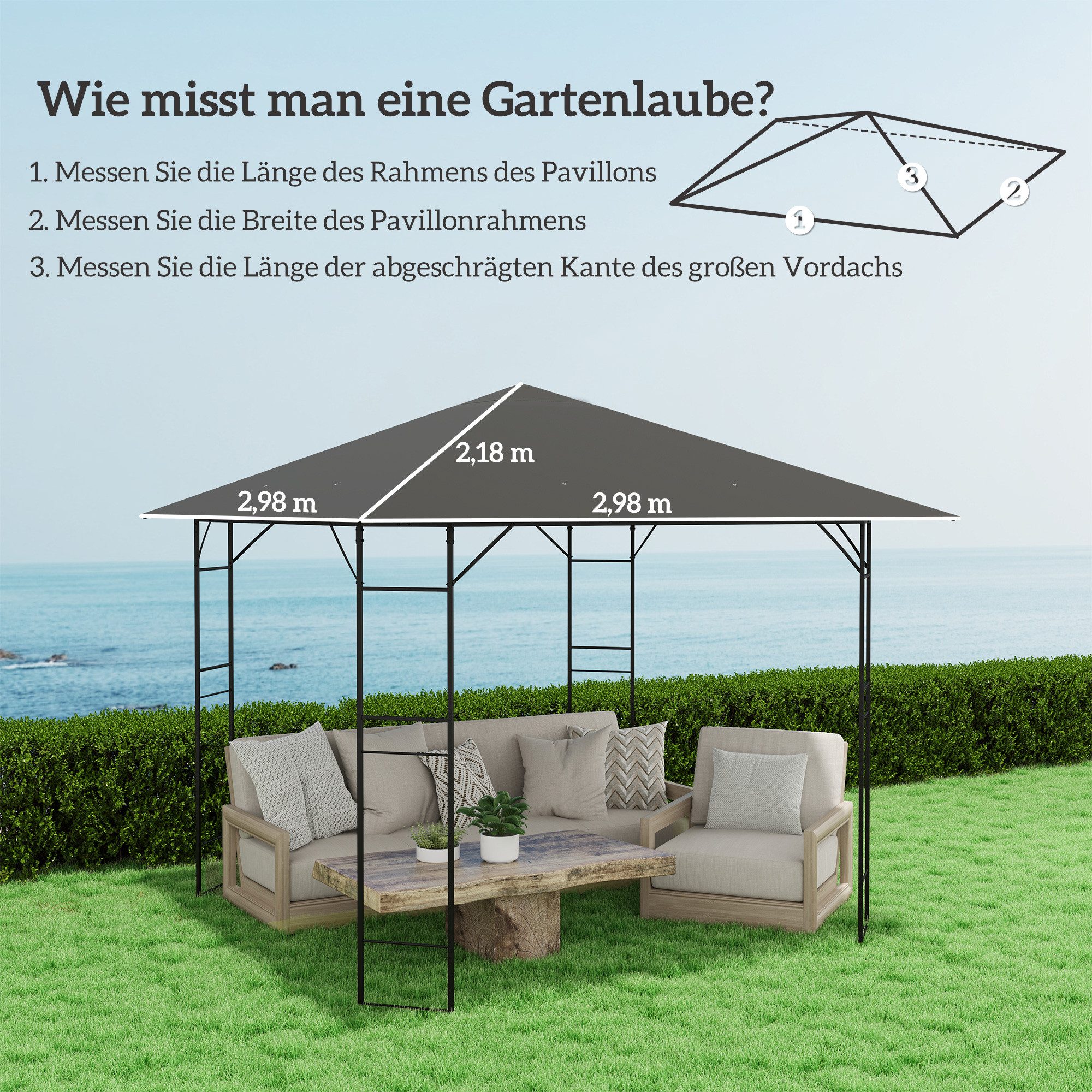 Outsunny Pavillon-Ersatzdach UPF30+, 370 g/m², 298.0 x 298.0 cm (wasserabweisend Pavillondach, Ersatzbezug), aus Oxford-Stoff, 370 g,m², Grau