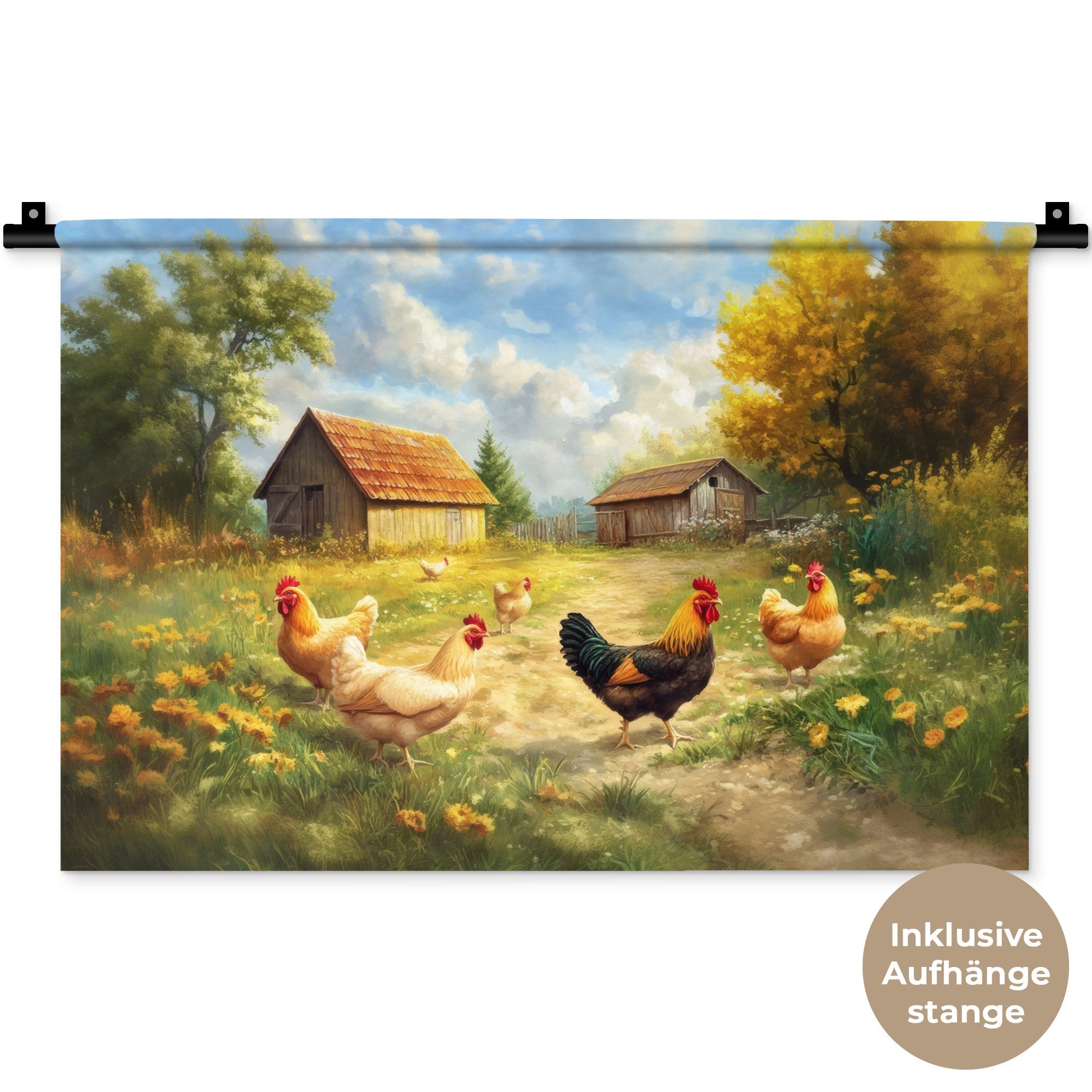 MuchoWow Wandteppich Hühner - Ländliche Beschaulichkeit - Natur, Rechteckig, Höhe: 3 mm, Wandteppich für Wohnzimmer, Schlafzimmer, 60x40 cm
