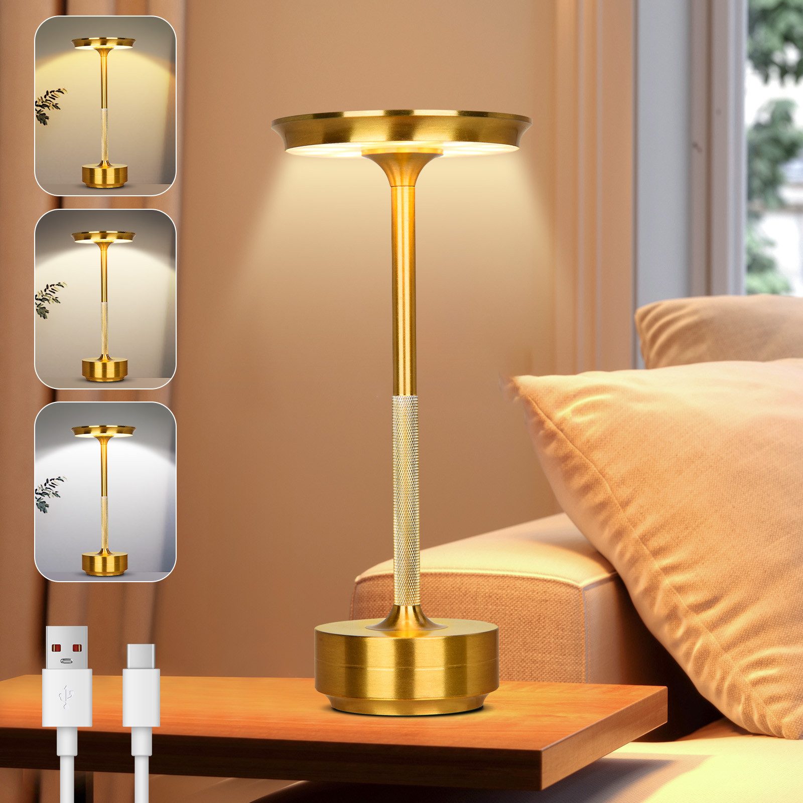 Lapalife Nachttischlampe LED Tischlampe Kabellos Akku, Dimmbar, 3 Farbtemperatur, LED fest integriert, Gold Tischleuchte USB Aufladbar für Nachttisch Esstisch Schreibtisch