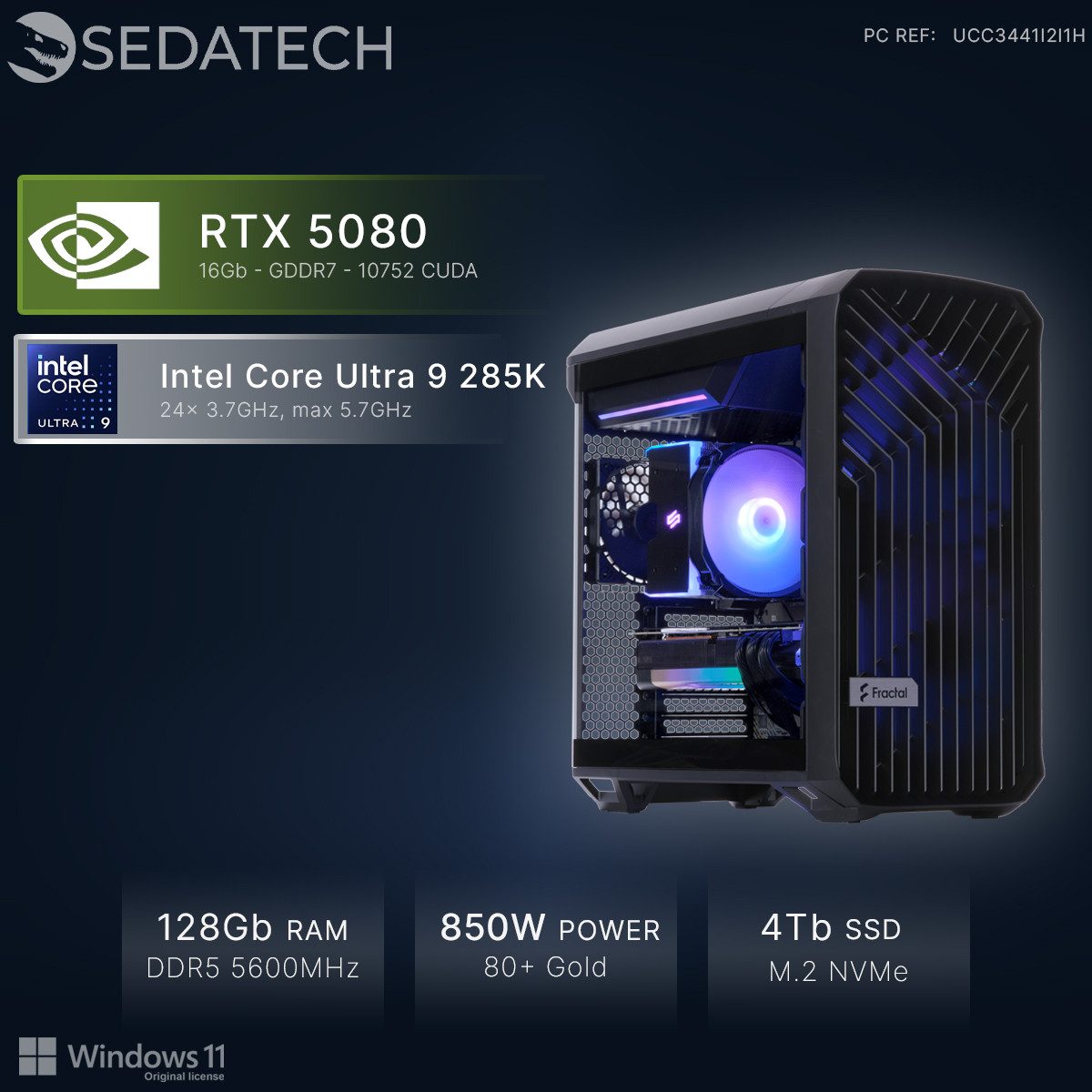 Sedatech UCC3441I2I1HF - Workstation Business-PC (Intel Intel Core Ultra 9 Intel Core Ultra 9 285K 24x 3.7GHz (max 5.7GHz), Geforce RTX5080 16GB, 128 GB RAM, 4000 GB SSD, Wlan 7)