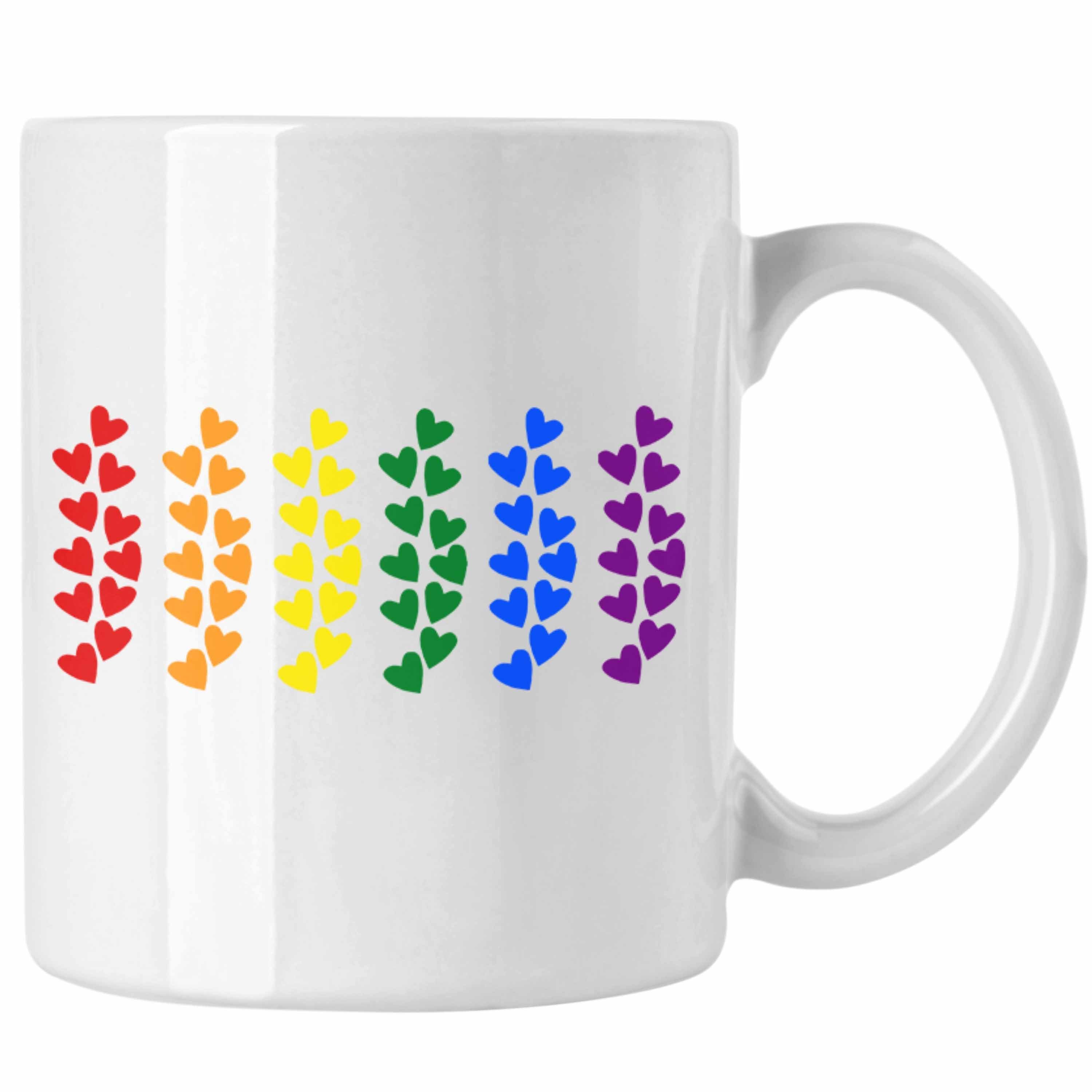 Trendation Tasse Trendation - Regenbogen Tasse Geschenk LGBT Schwule Lesben Transgender Grafik Pride Herzen Flagge Weiss